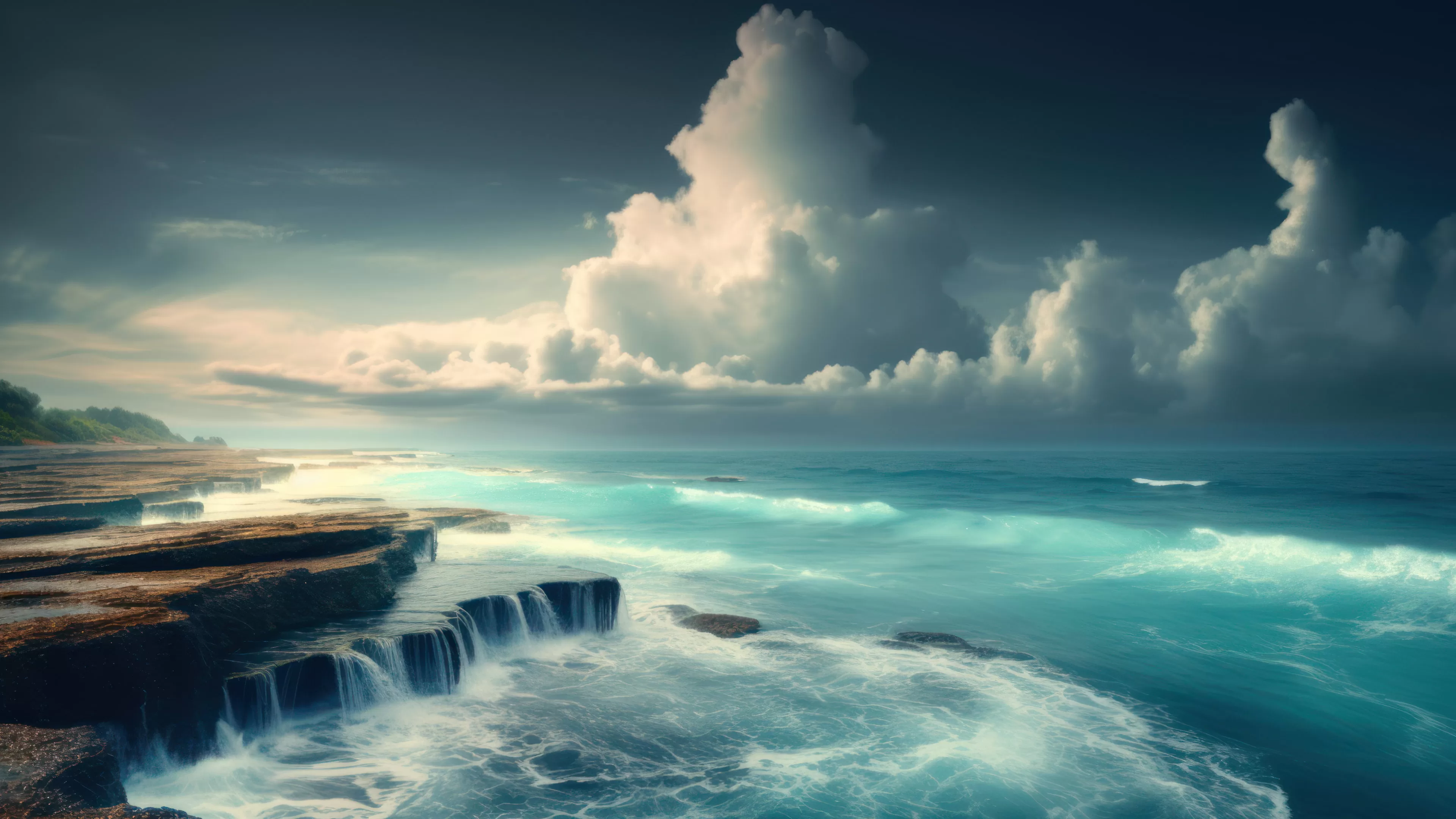 A stunning image of a stormy ocean with crashing waves and a waterfall. - Waterfall