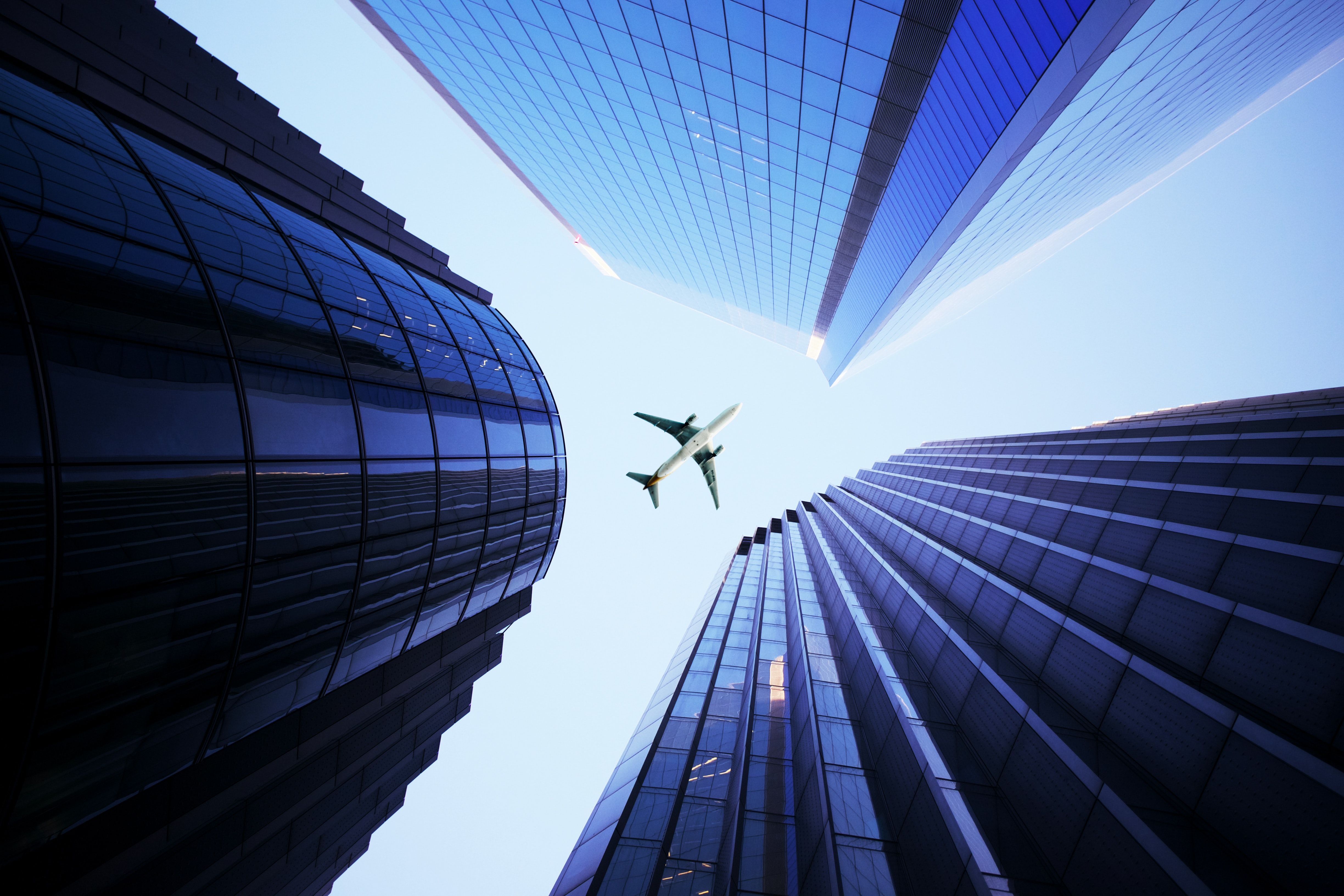 Airplane Wallpaper 4K, Looking up at Sky, Skyscrapers