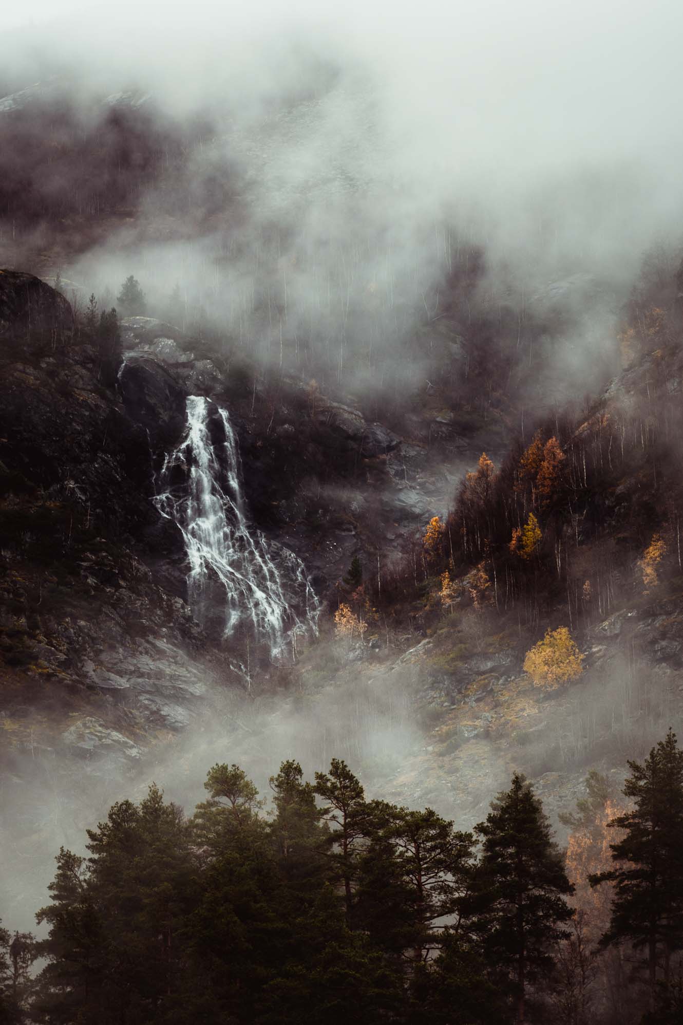 A misty waterfall surrounded by trees in the mountains.  - Waterfall