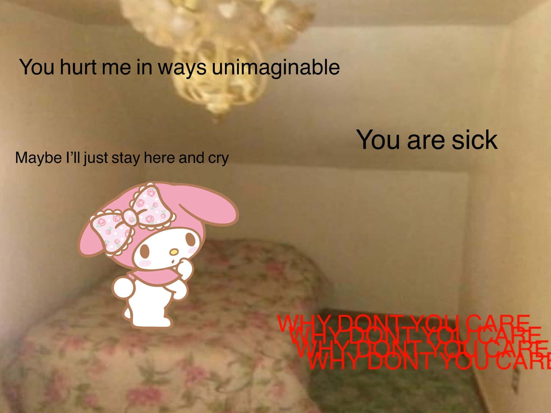 A My Melody doll in a cardboard box with the caption 