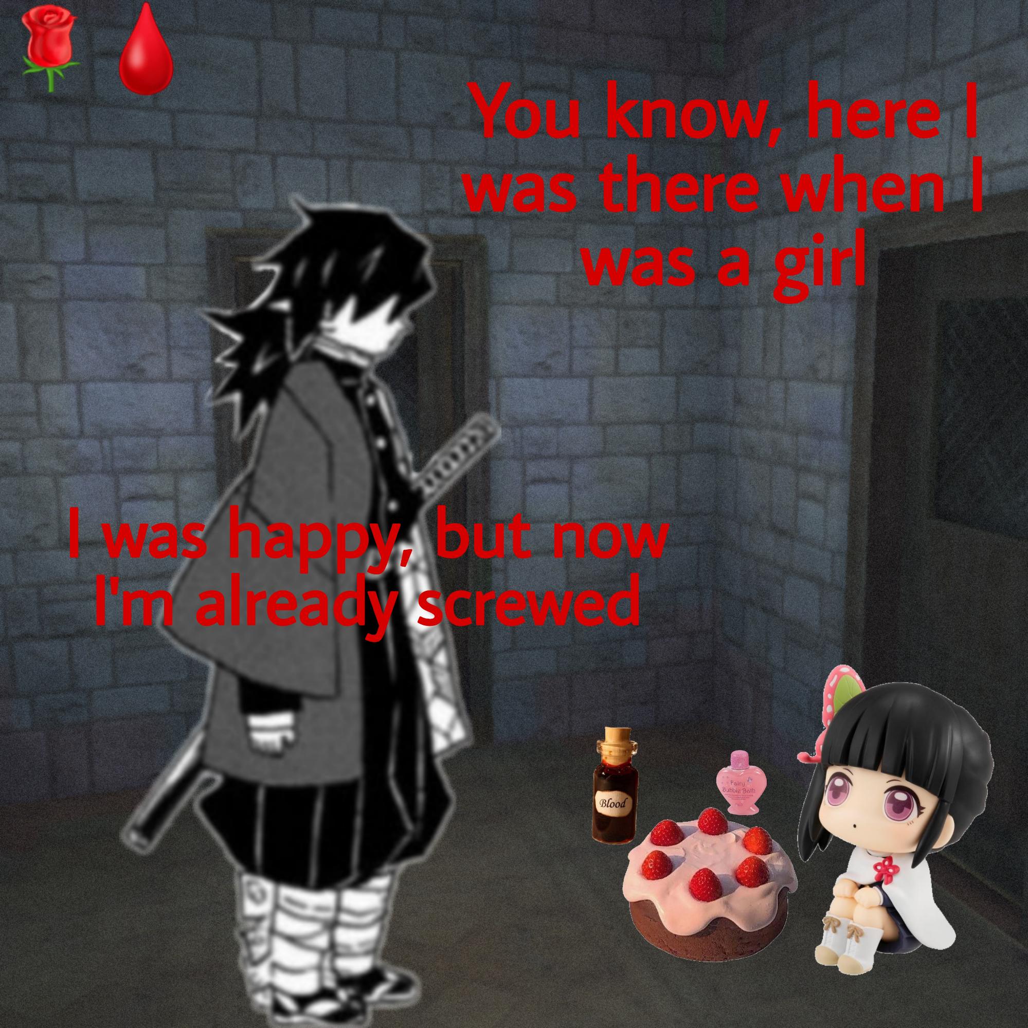 A black haired anime character stands in a dungeon, a bloodstain on the floor. A small anime girl with a pink bow and a birthday cake stands in the corner, looking at the character. The text above the character reads 