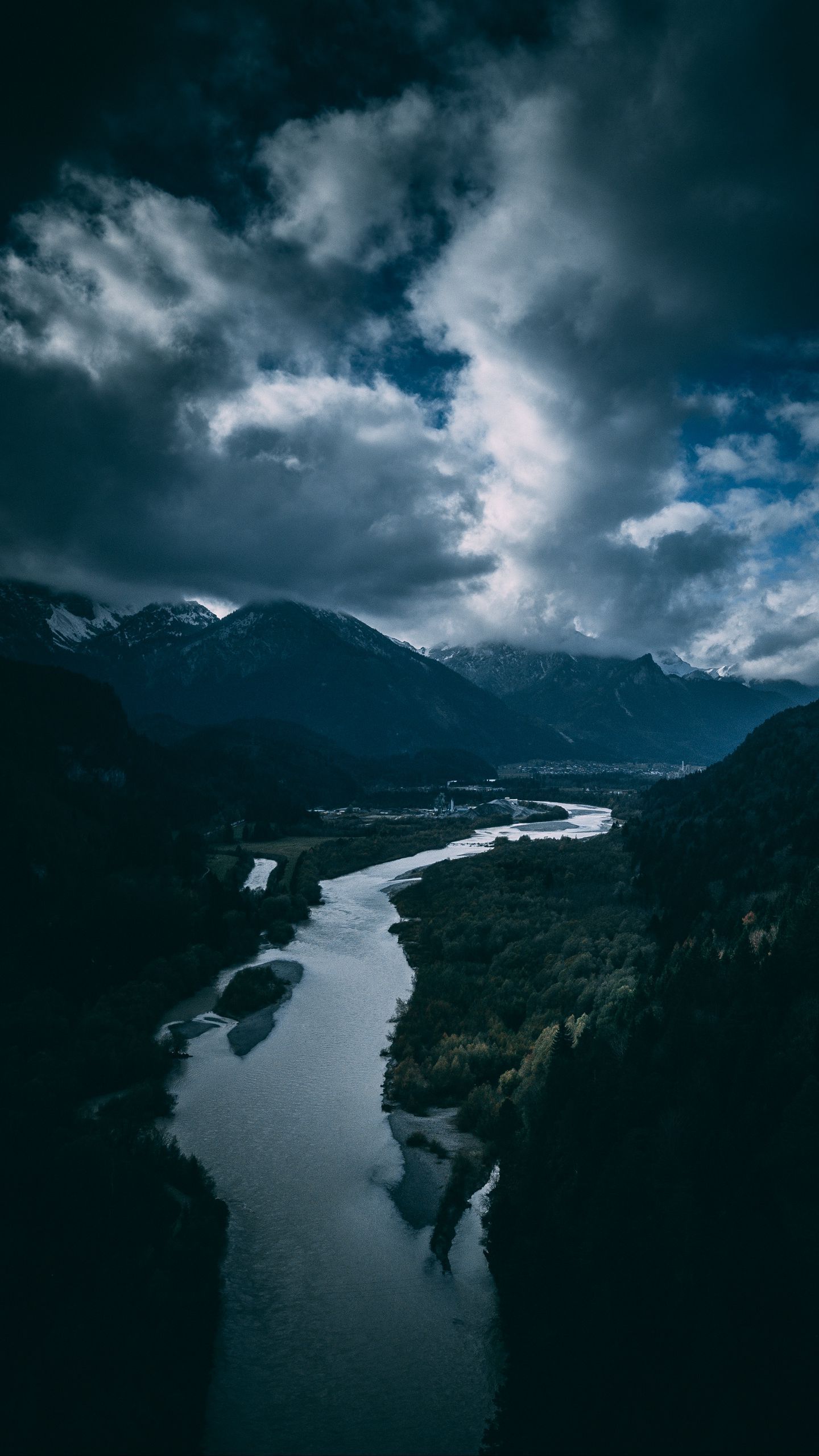 Download wallpaper 1440x2560 river, mountains, aerial view, sky, clouds, trees, germany qhd samsung galaxy s s edge, note, lg g4 HD background