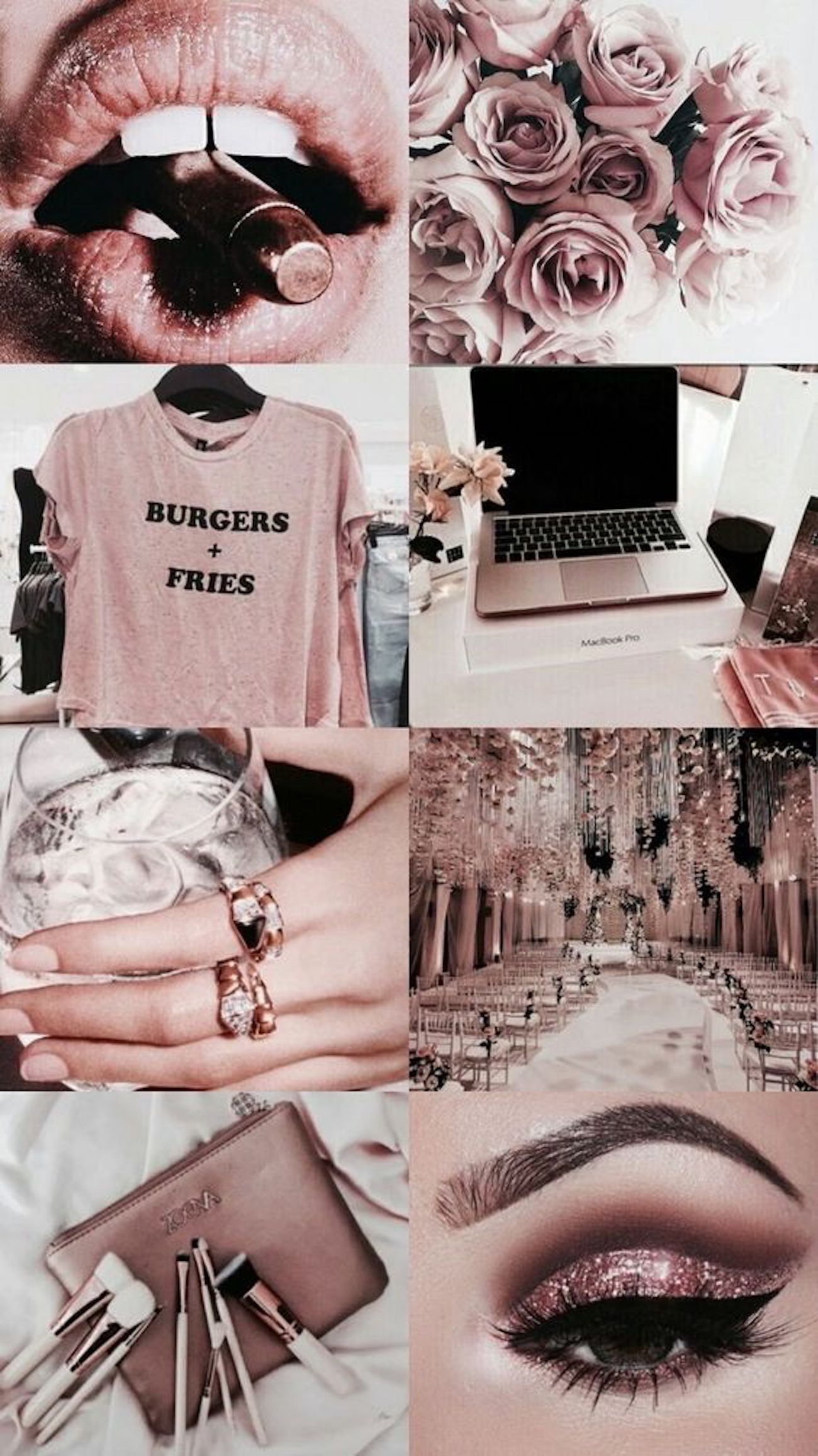 Aesthetic collage of a pink shirt, roses, a laptop, makeup, and a room. - Rose gold, gold, fashion