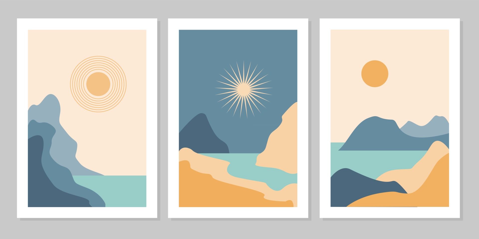 Set of aesthetic modern natural abstract landscape background with mountain, forest, sea, sky, sun and river. Minimalist boho poster cover. Design for print, postcard, wallpaper, wall art. Vector Art