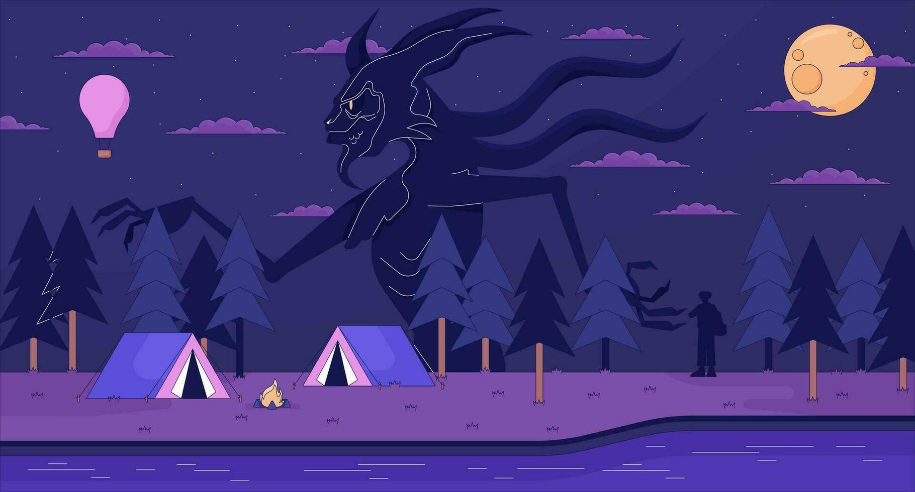Creepy woods camping site lofi wallpaper. Walking forest monster at campfire 2D scene cartoon flat illustration. River campsite spooky nightmare chill vector art, lo fi aesthetic colorful background Vector Art