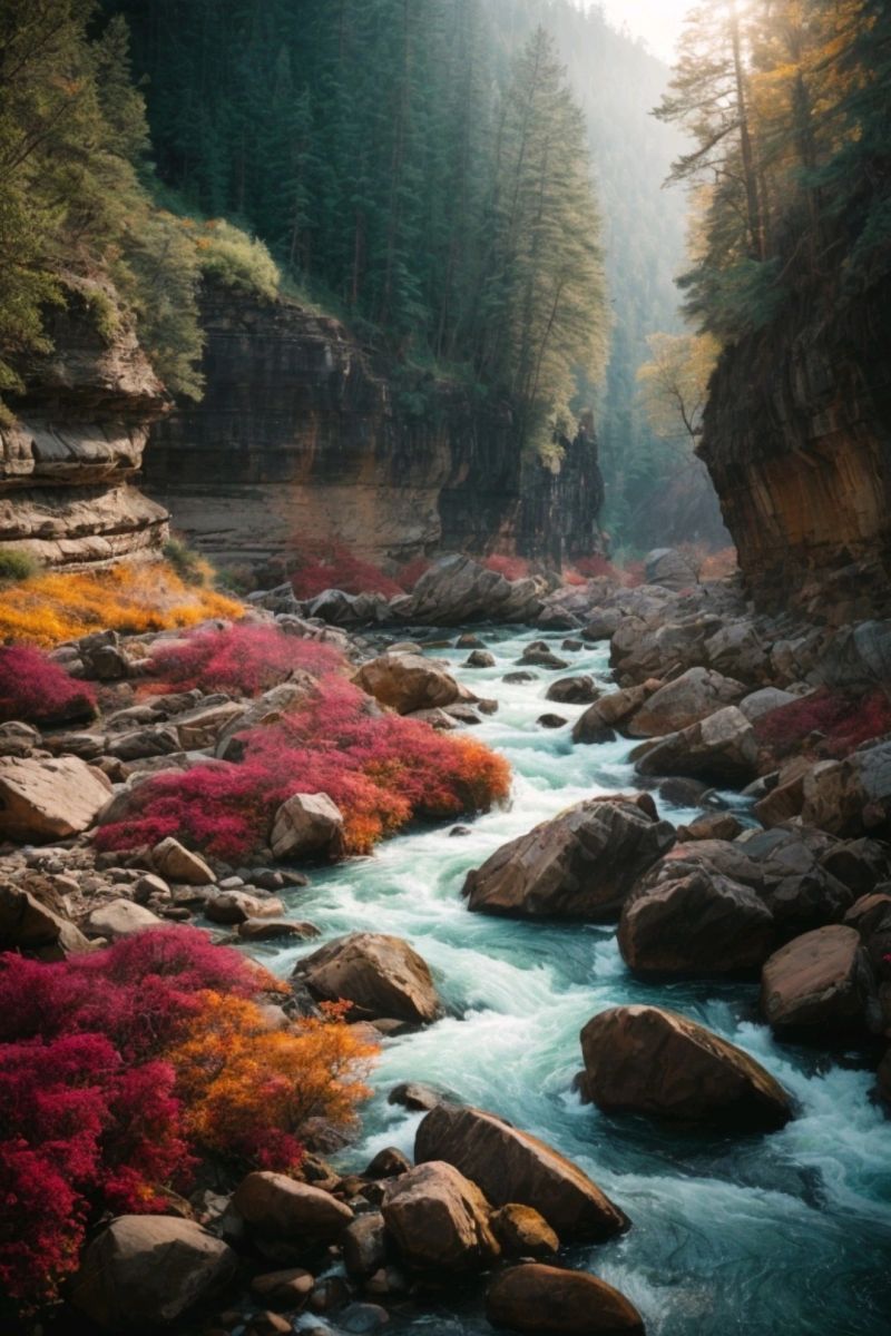 A river flows through a forest with rocks and trees - River