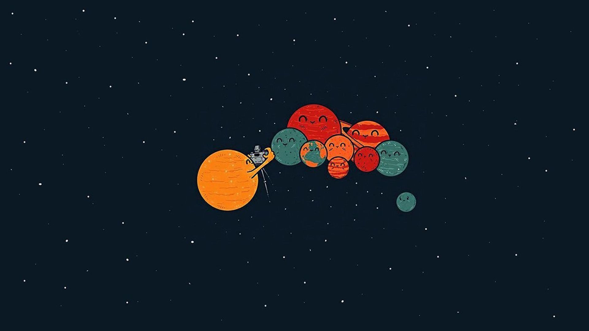 An illustration of a person on a planet surrounded by many planets with faces. - Desktop, space, Mars