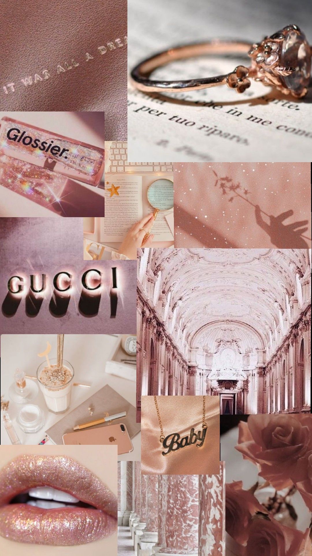 Aesthetic background with pink, gold, and white images - Rose gold