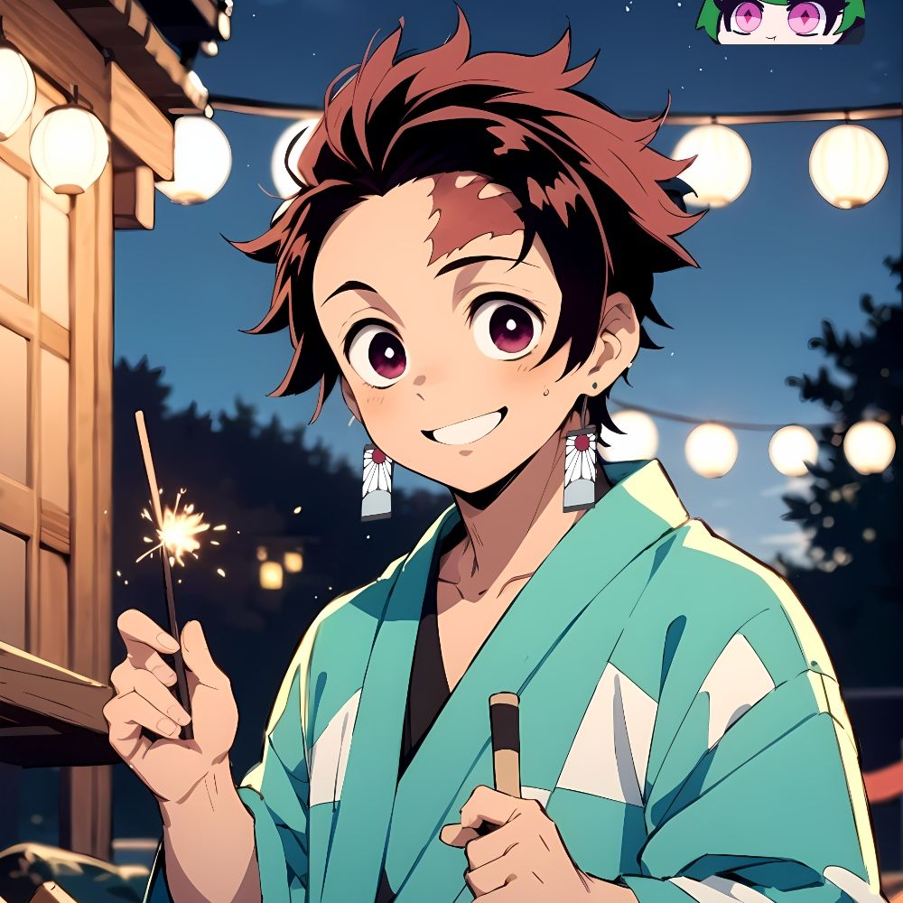A character from the anime Demon Slayer holding a sparkler - Tanjiro Kamado