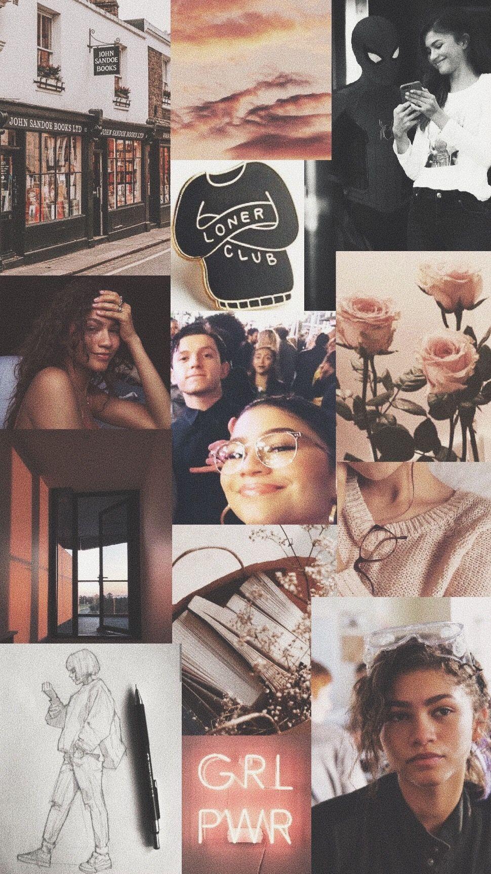 Aesthetic background with a collage of images including a book store, a girl, a rose, a pen, and a shirt that says 