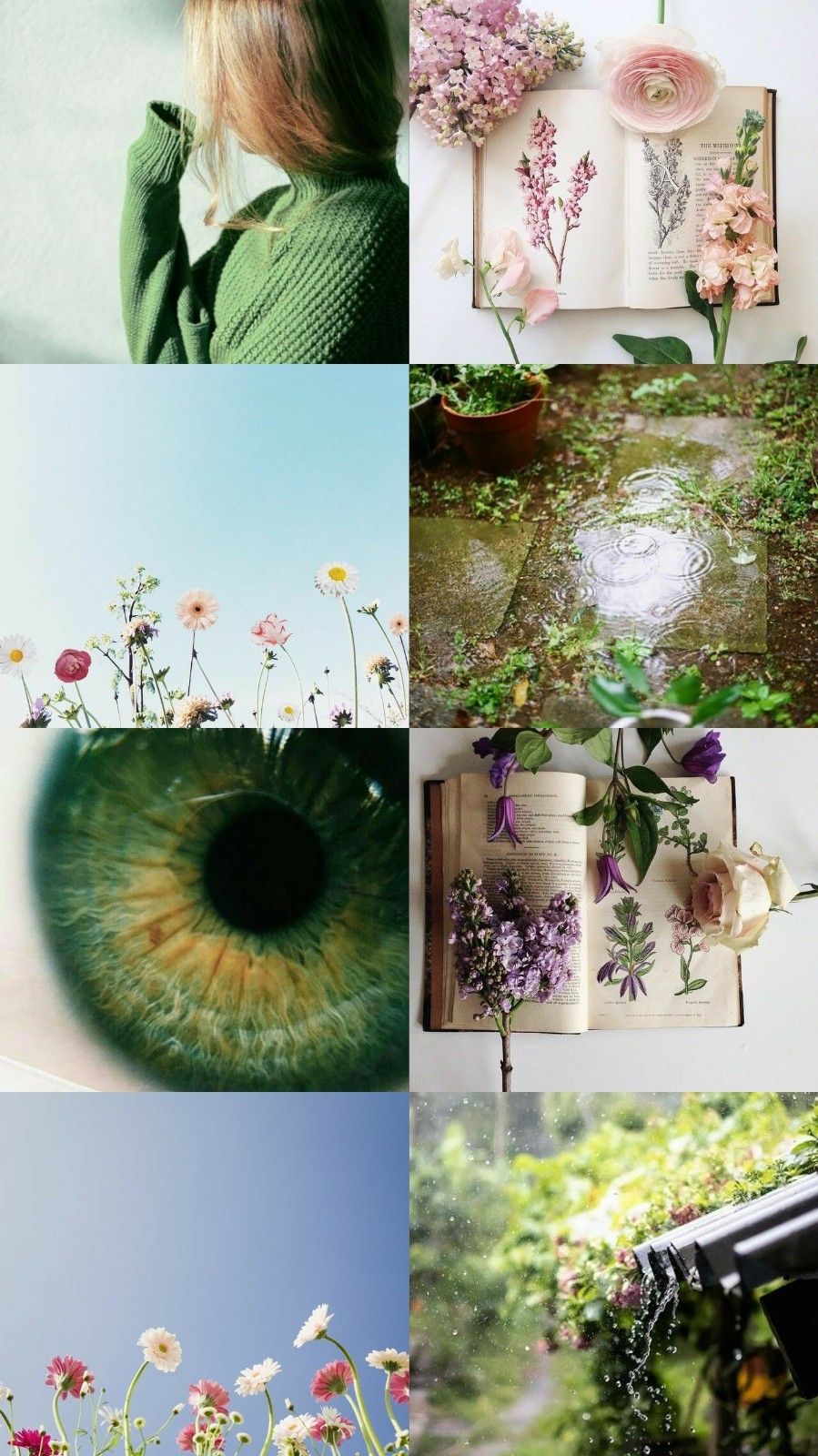 Aesthetic picture of flowers, a book, a green eye, and a girl in a green sweater - Spring