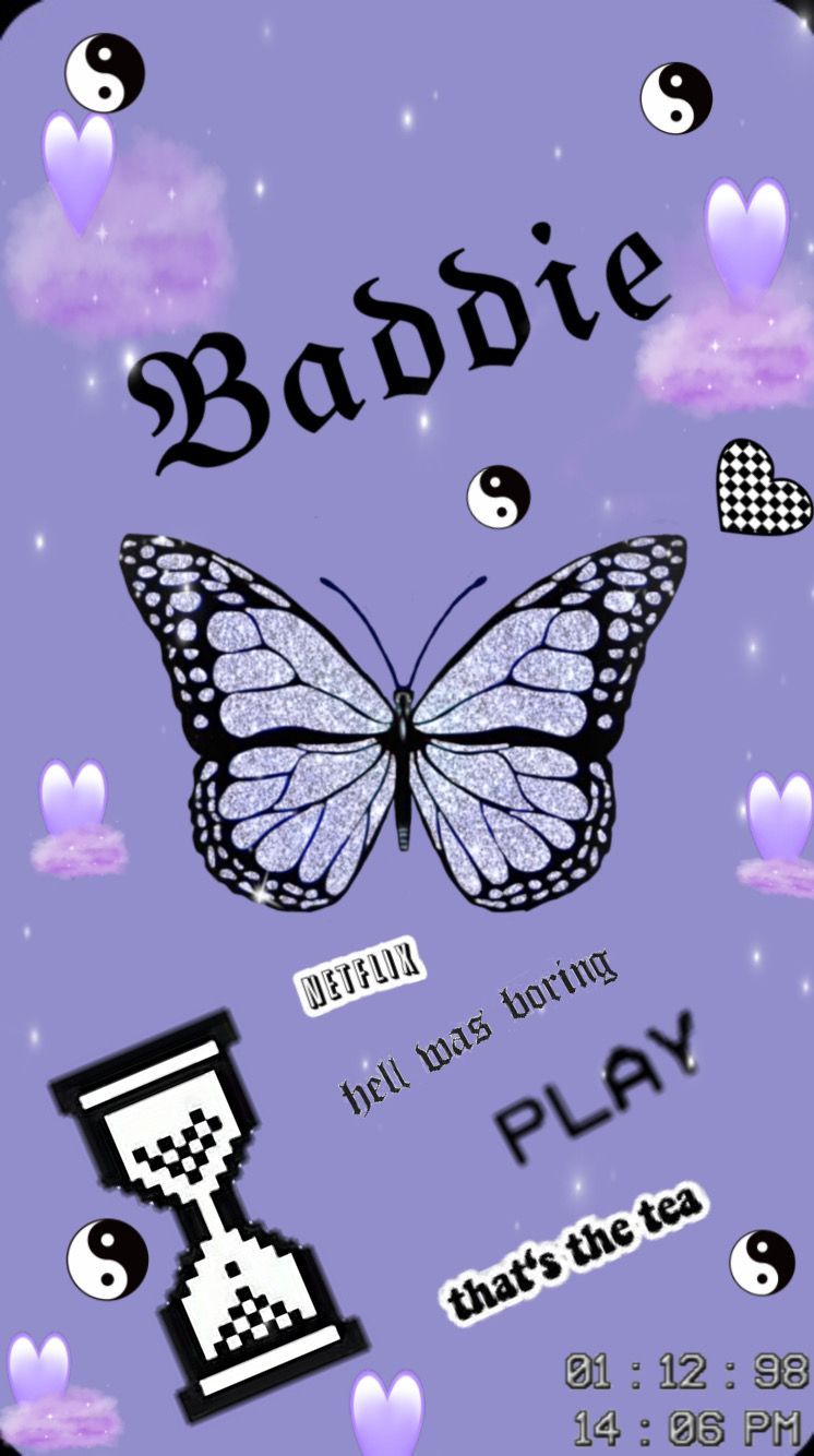 A purple background with butterflies and clocks - Baddie, Netflix