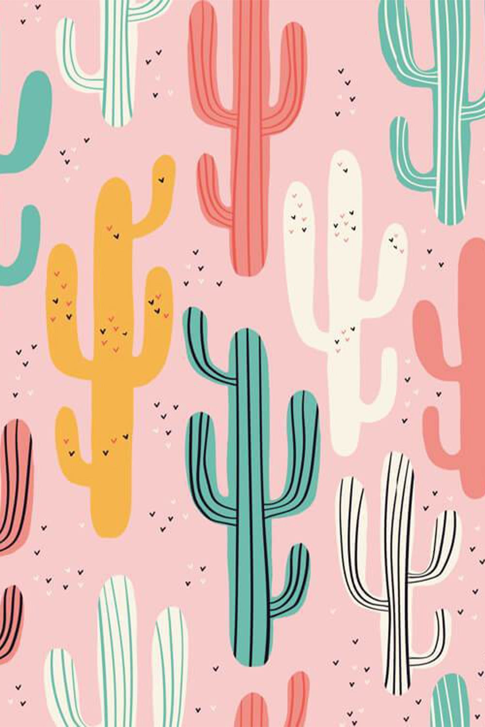 A pink background with various cacti of different colors - Cactus