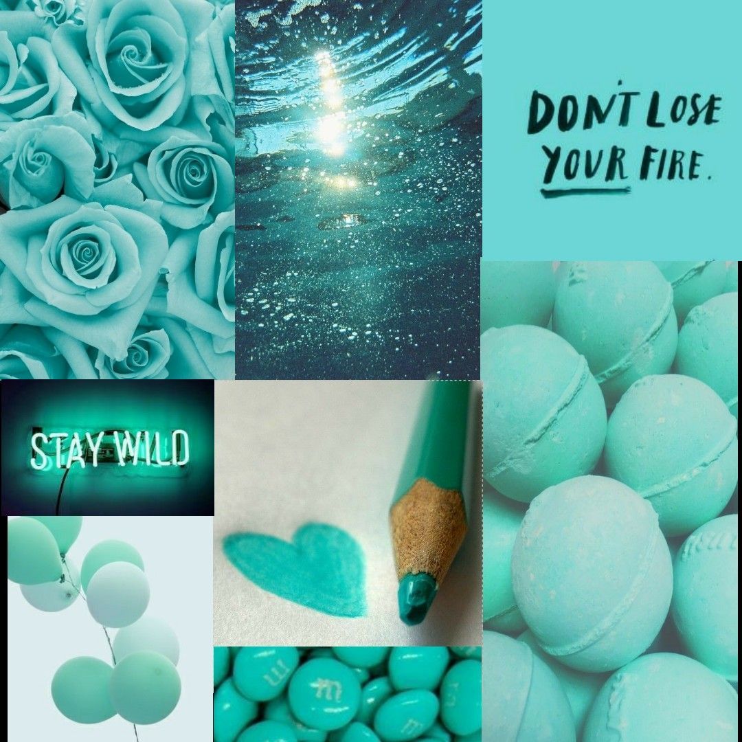 A collage of teal images including roses, balloons, a pencil, and M&M's. - Teal, turquoise