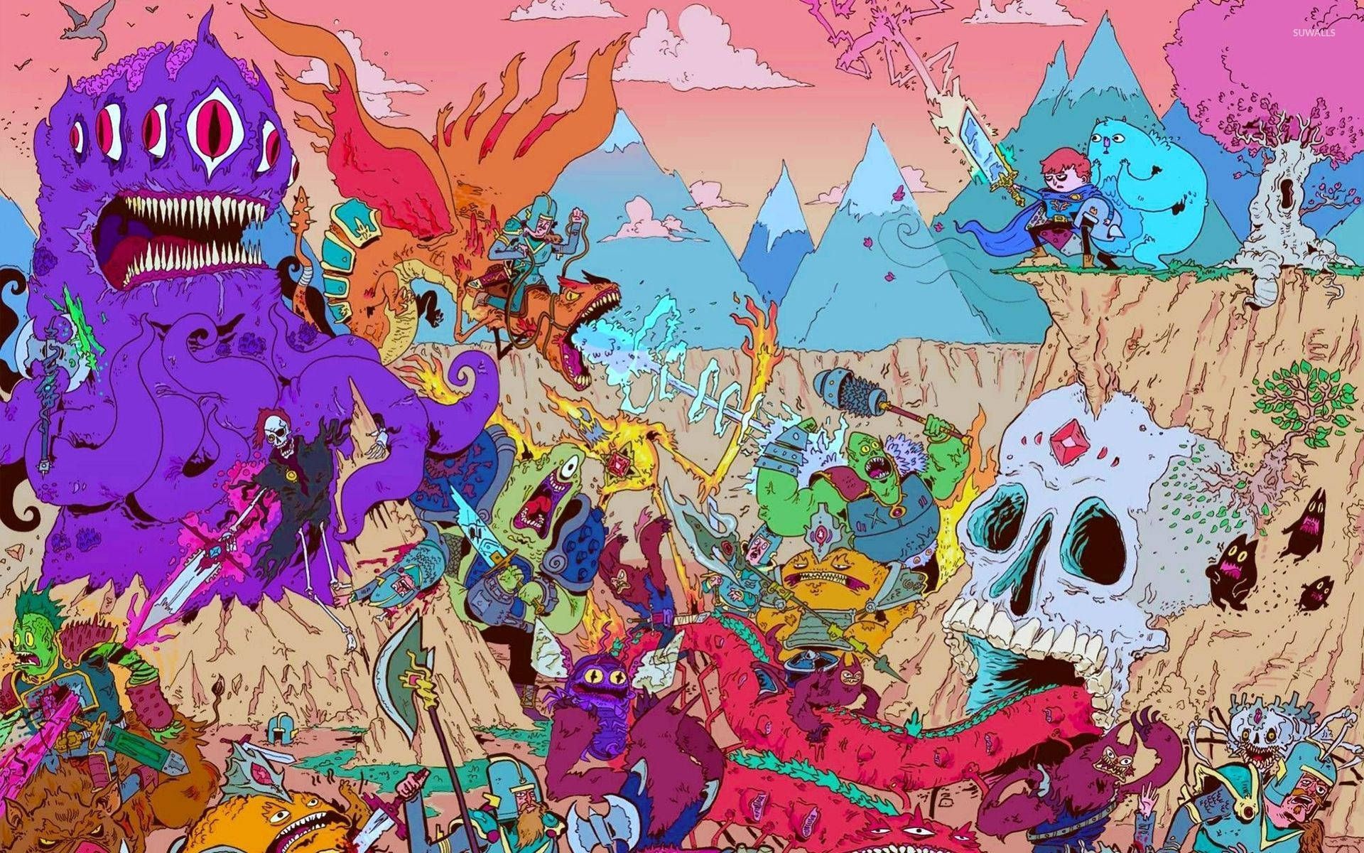 A colorful illustration of a mountain landscape with characters from the show, including Finn, Jake, and Princess Bubblegum, fighting monsters and riding dragons. - Adventure Time