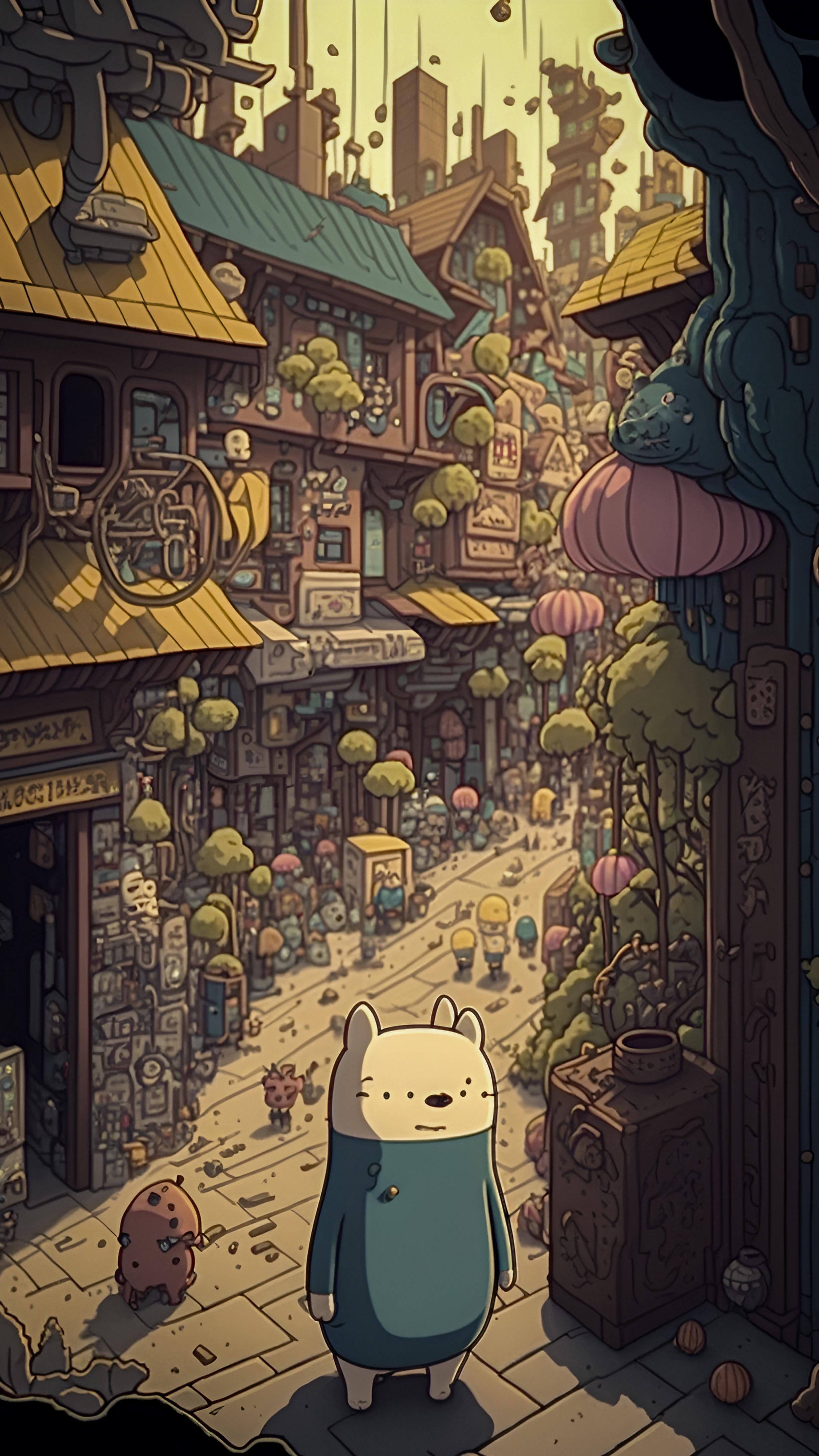 A cute bear walking in a fantasy town inspired by Adventure Time. - Adventure Time