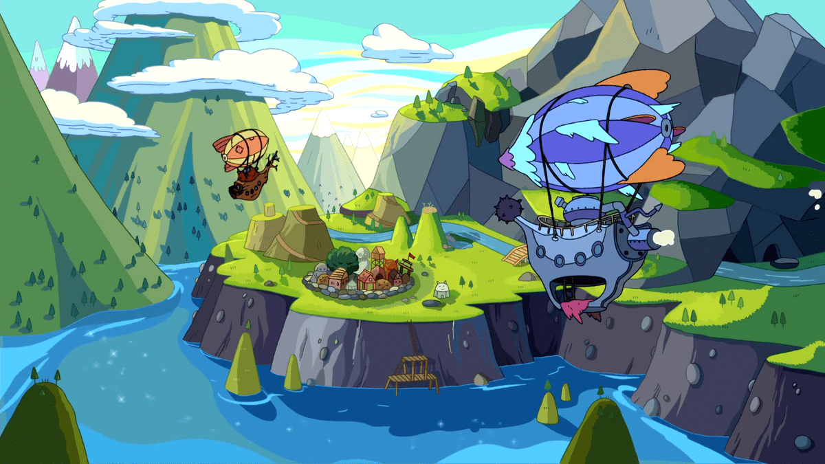 A cartoon air balloon floating over a river and a small town in a mountain valley - Adventure Time