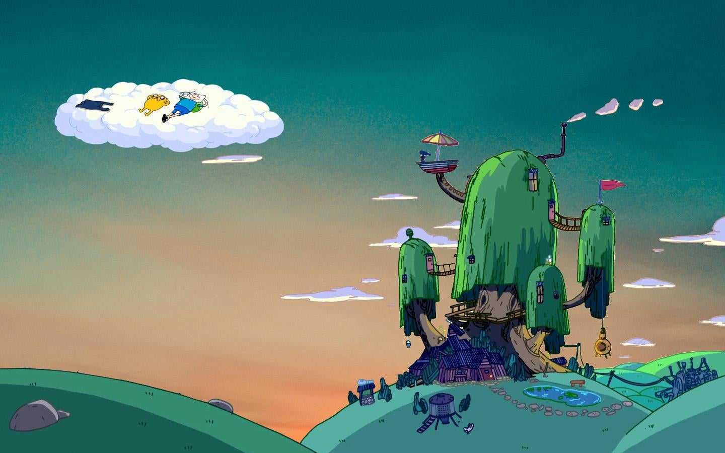 Finn flying above a treehouse on a cloud in Adventure Time. - Adventure Time