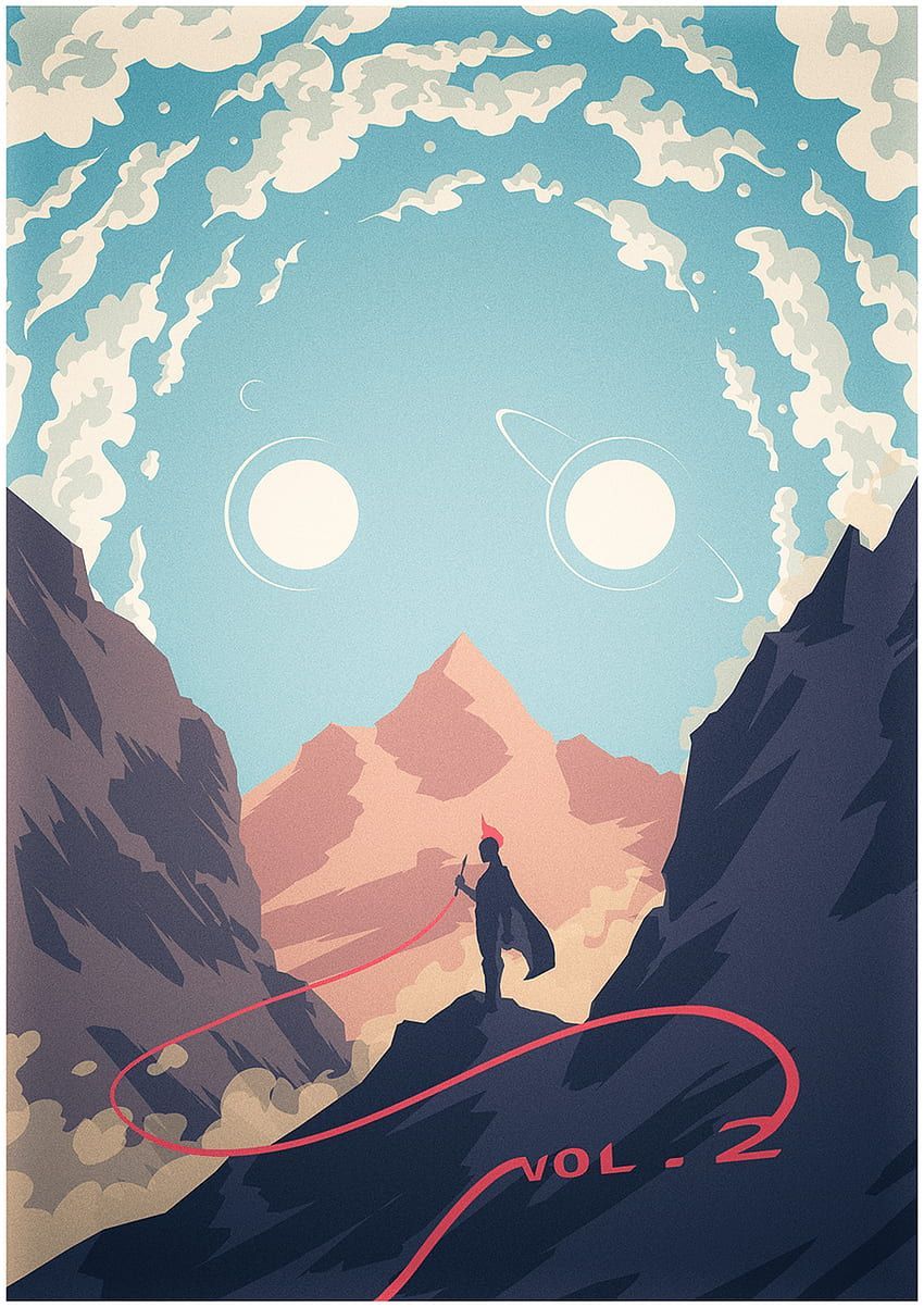 A poster for volume 2 showing a person standing on a mountain with a red string tied to a planet - Guardians of the Galaxy