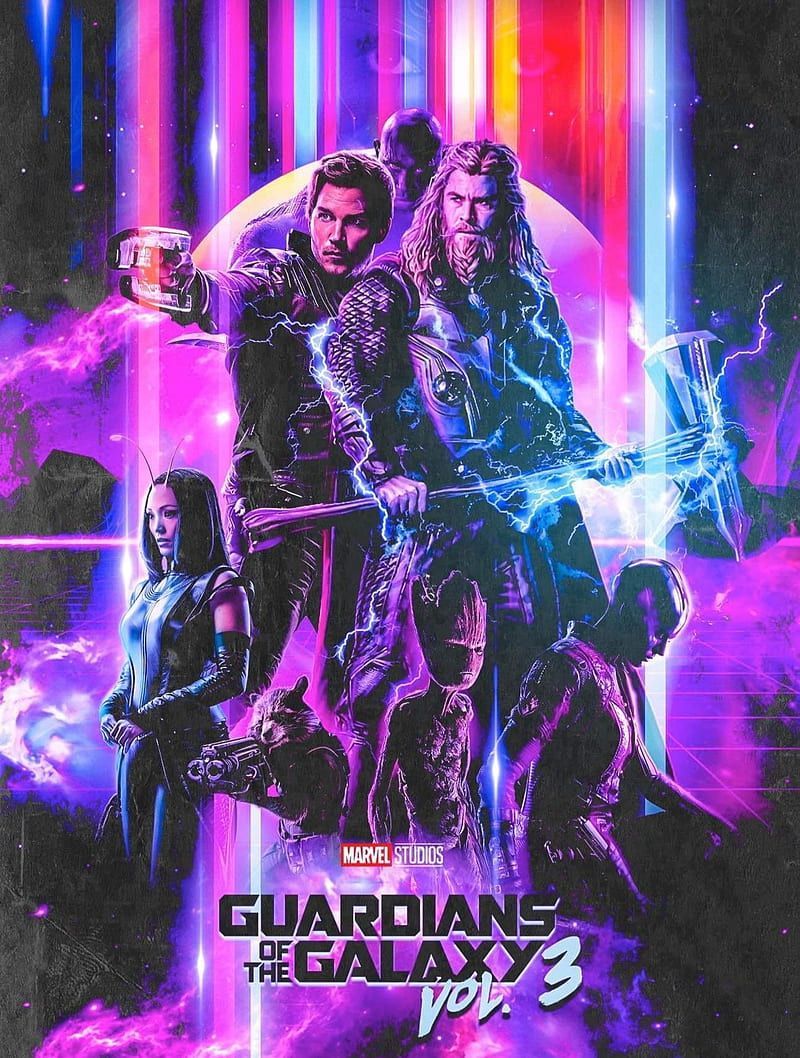 A Guardians of the Galaxy Vol. 3 poster featuring Star-Lord, Rocket, Groot, and Thor holding their weapons. - Guardians of the Galaxy