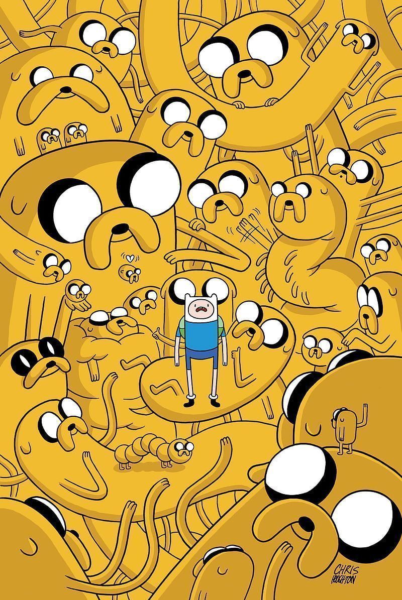 Finn the Human, the main protagonist of Adventure Time, standing in the midst of a crowd of his identical yellow clones. - Adventure Time