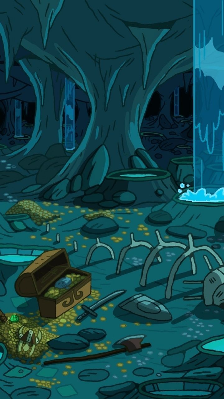 A cartoon illustration of a dark, underwater cave with a treasure chest. - Adventure Time