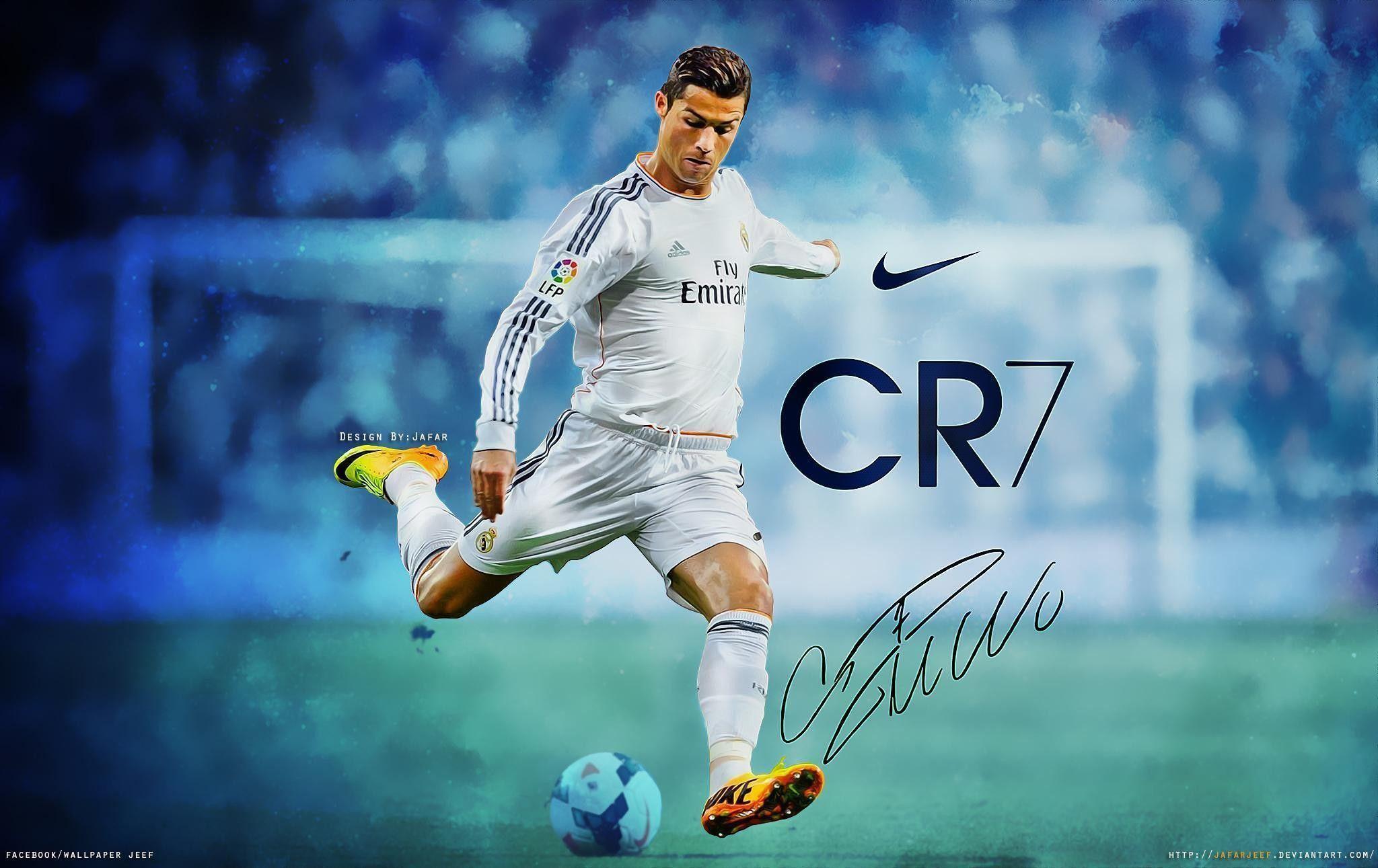 Cristiano Ronaldo CR7 wallpaper, with the Portuguese footballer kicking a soccer ball in the air. - Cristiano Ronaldo