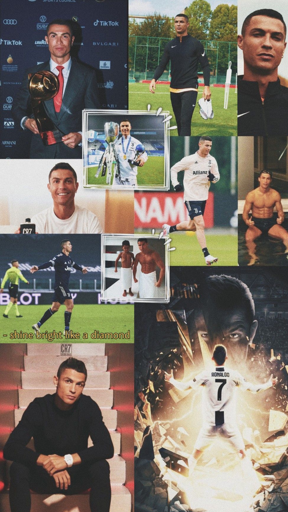 A collage of photos of Cristiano Ronaldo including him holding a trophy, him playing soccer, and him in a suit. - Cristiano Ronaldo