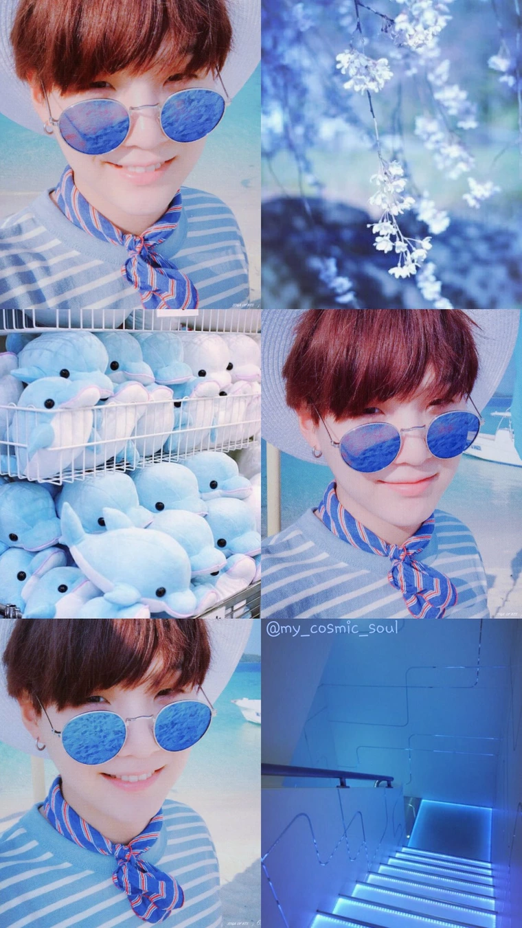 A collage of jimin with blue aesthetic background - Suga