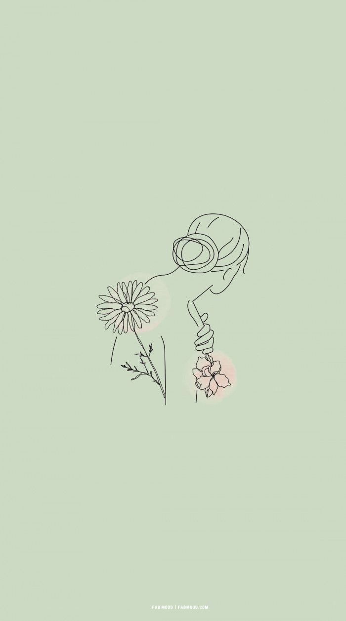 Aesthetic phone backgrounds, girl smelling a flower, line art, on a green background - Green, spring, hand drawn, art, wedding, flower, cute iPhone, pastel minimalist, pastel green, pastel, phone, illustration