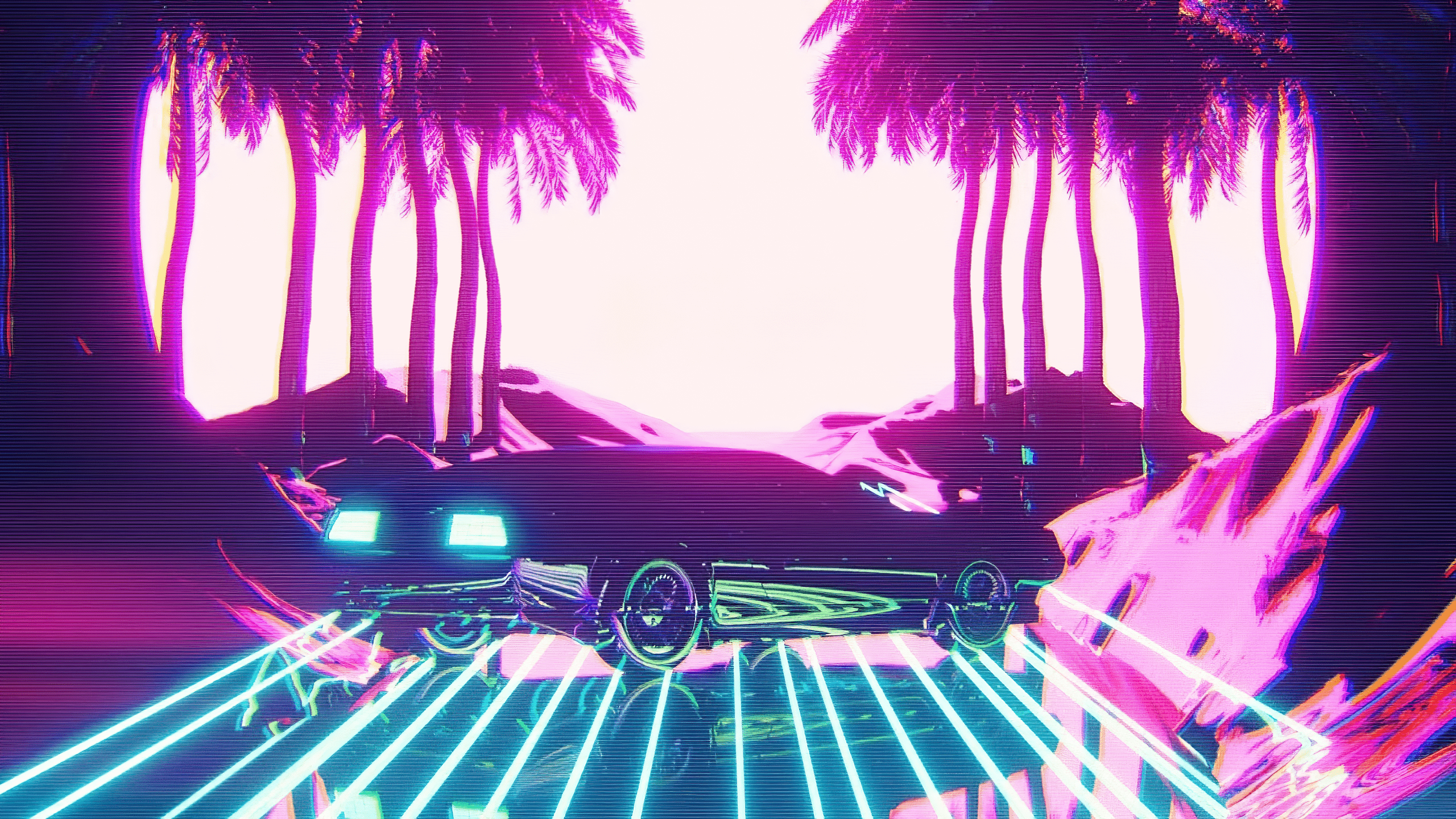 A car is driving through a neon landscape with palm trees. - Cyberpunk, 2560x1440, cars