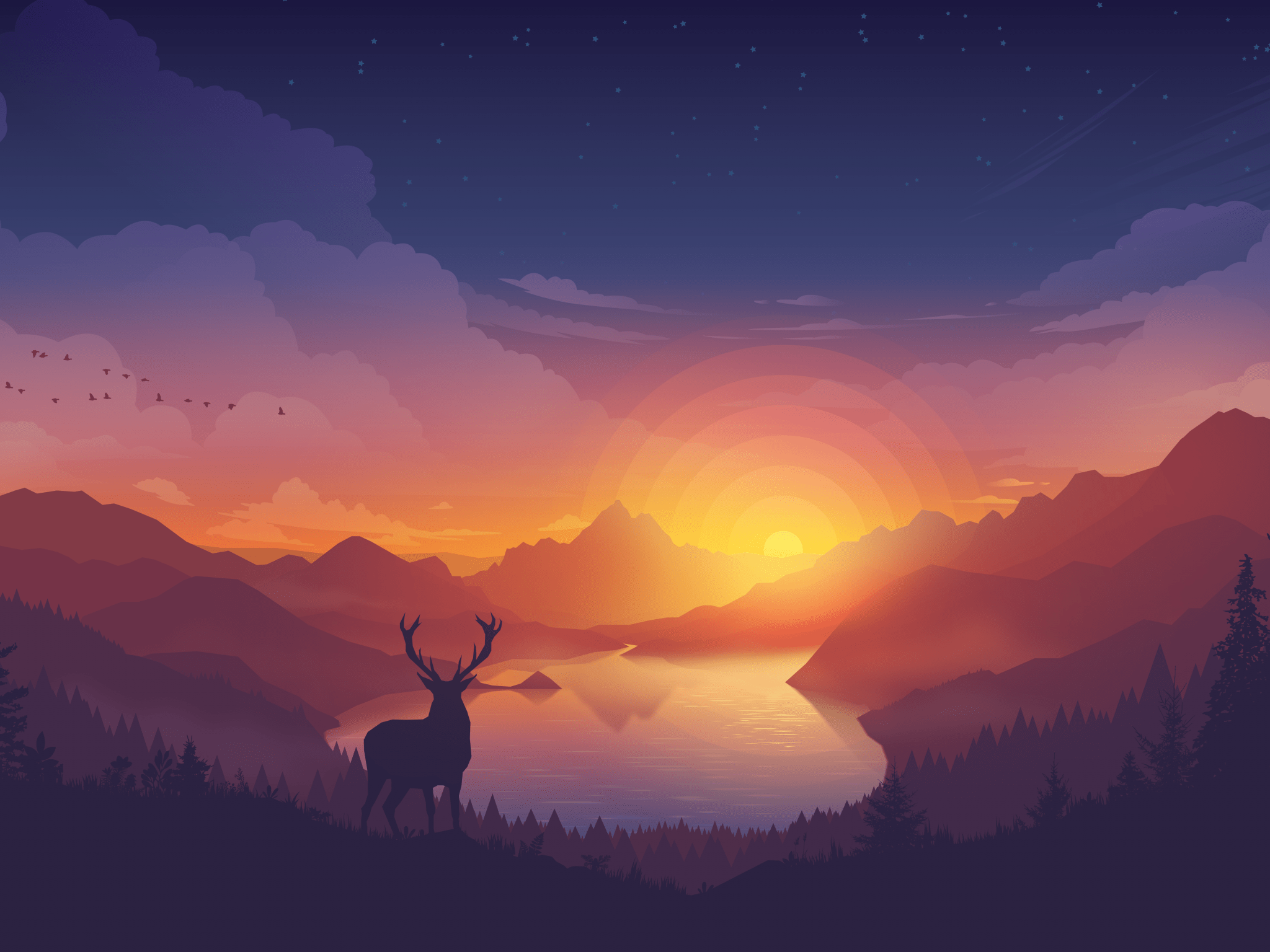Lakeside Wallpaper 4K, Evening, Deer, Nature