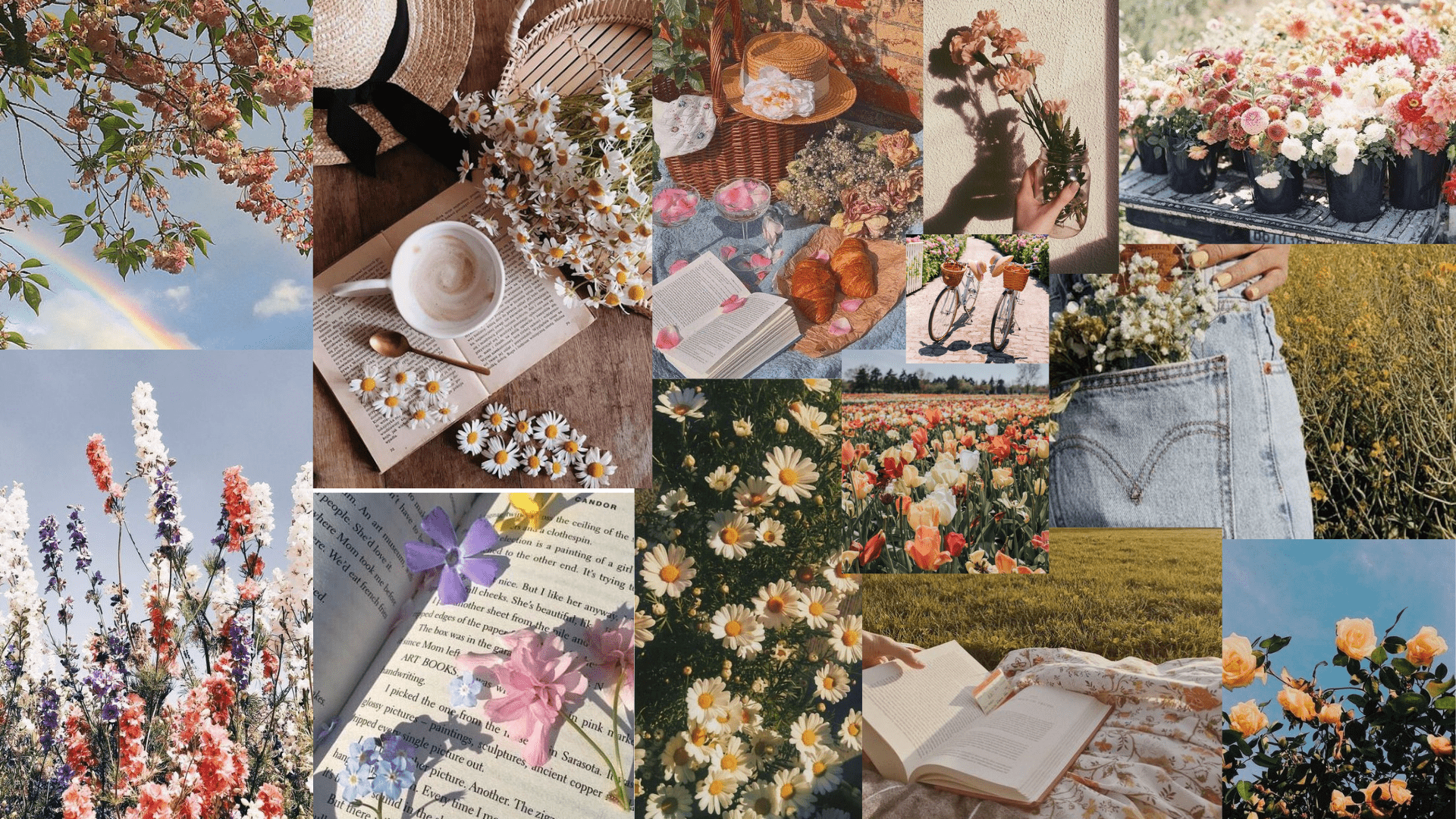 A collage of photos of flowers, books, and a hat. - Spring