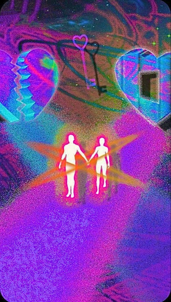 An abstract image of two people holding hands and walking towards a door. - Trippy