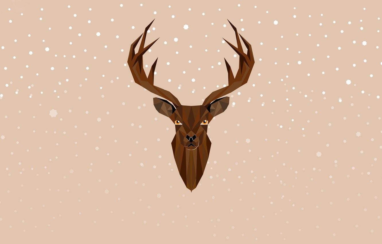 A deer head with antlers on a beige background with snowflakes - Deer