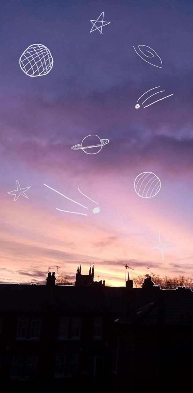 The sun is setting behind a row of houses. The sky is painted with a pink and purple gradient. Sketches of planets and stars are drawn in white. - Space