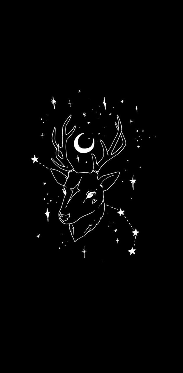 A black and white illustration of a deer with a crescent moon as one of its antlers. - Deer