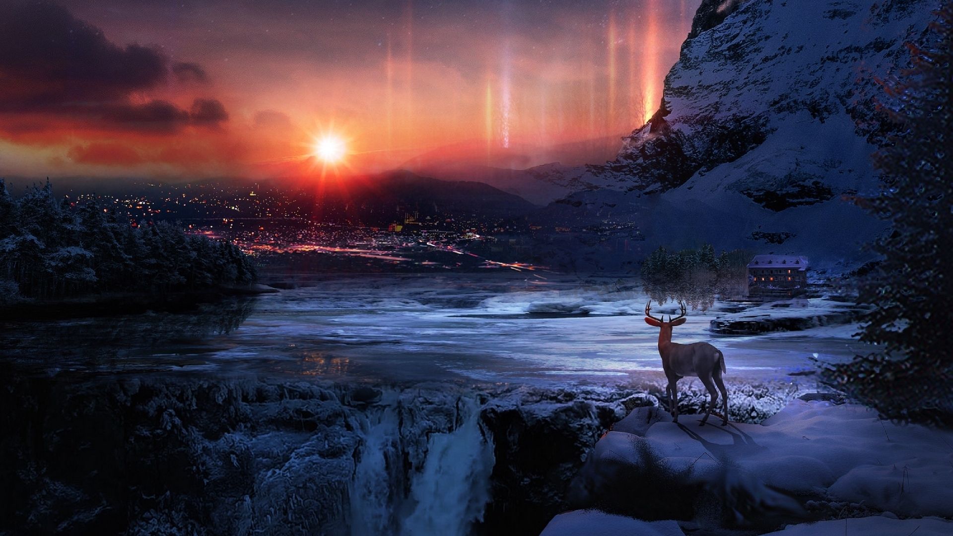 A deer standing on a snowy cliff watching the sunset - Deer