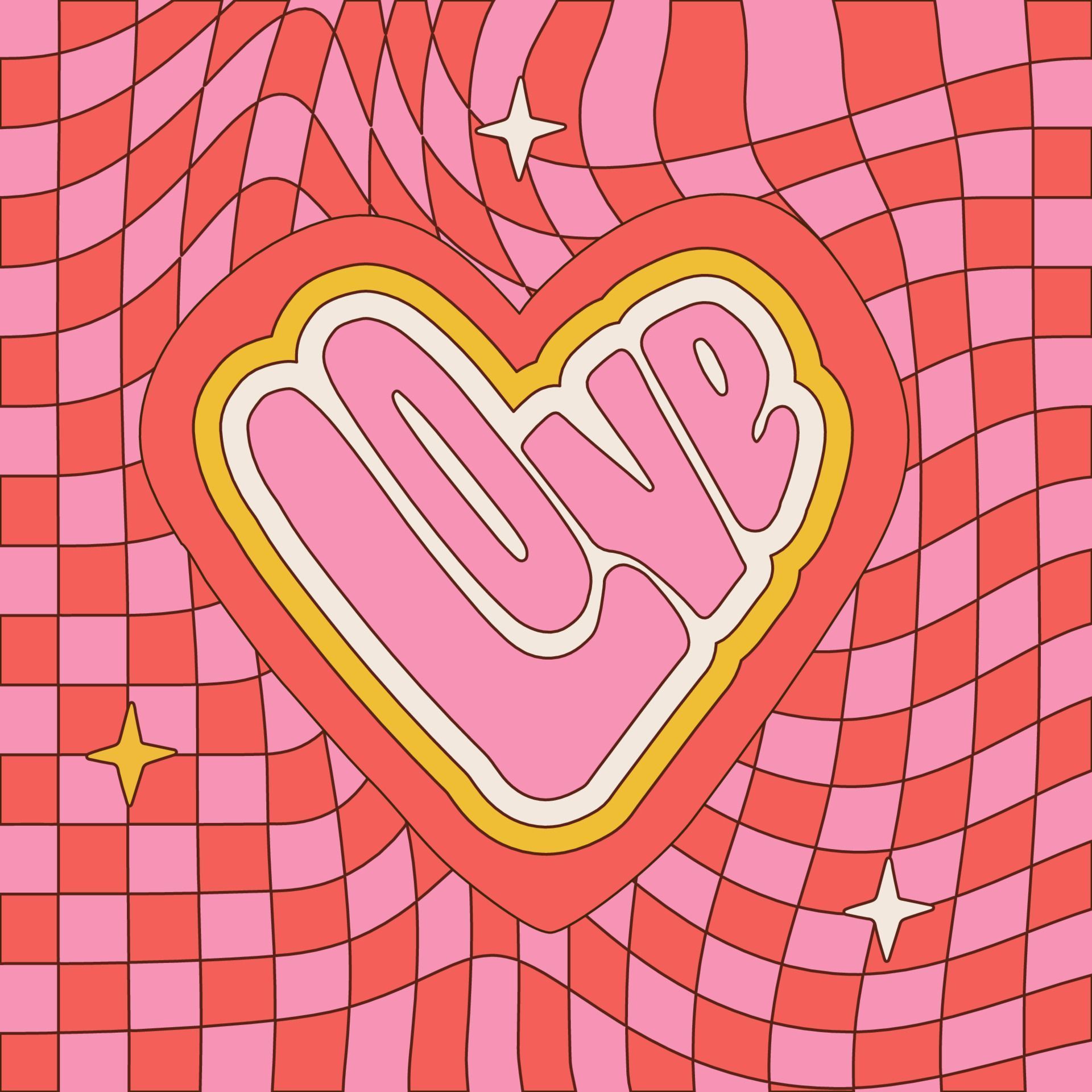 60's aesthetics hippie love lettering word in heart shape. Free spirit quote Valentines day written font. Typography greeting card on rerto distorted checkered background. Vector contour illustration