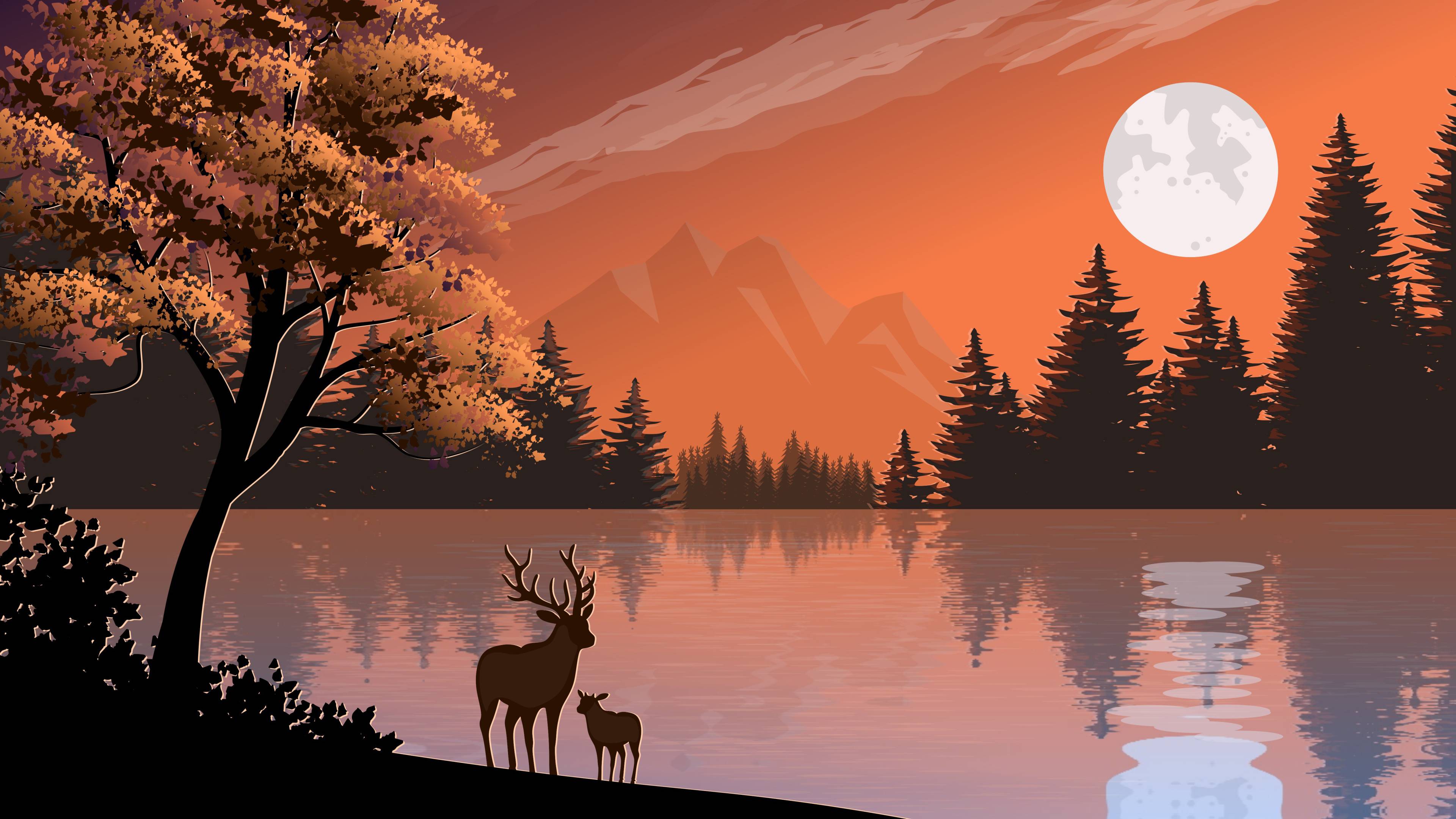 Two deer standing by a lake at sunset - Deer