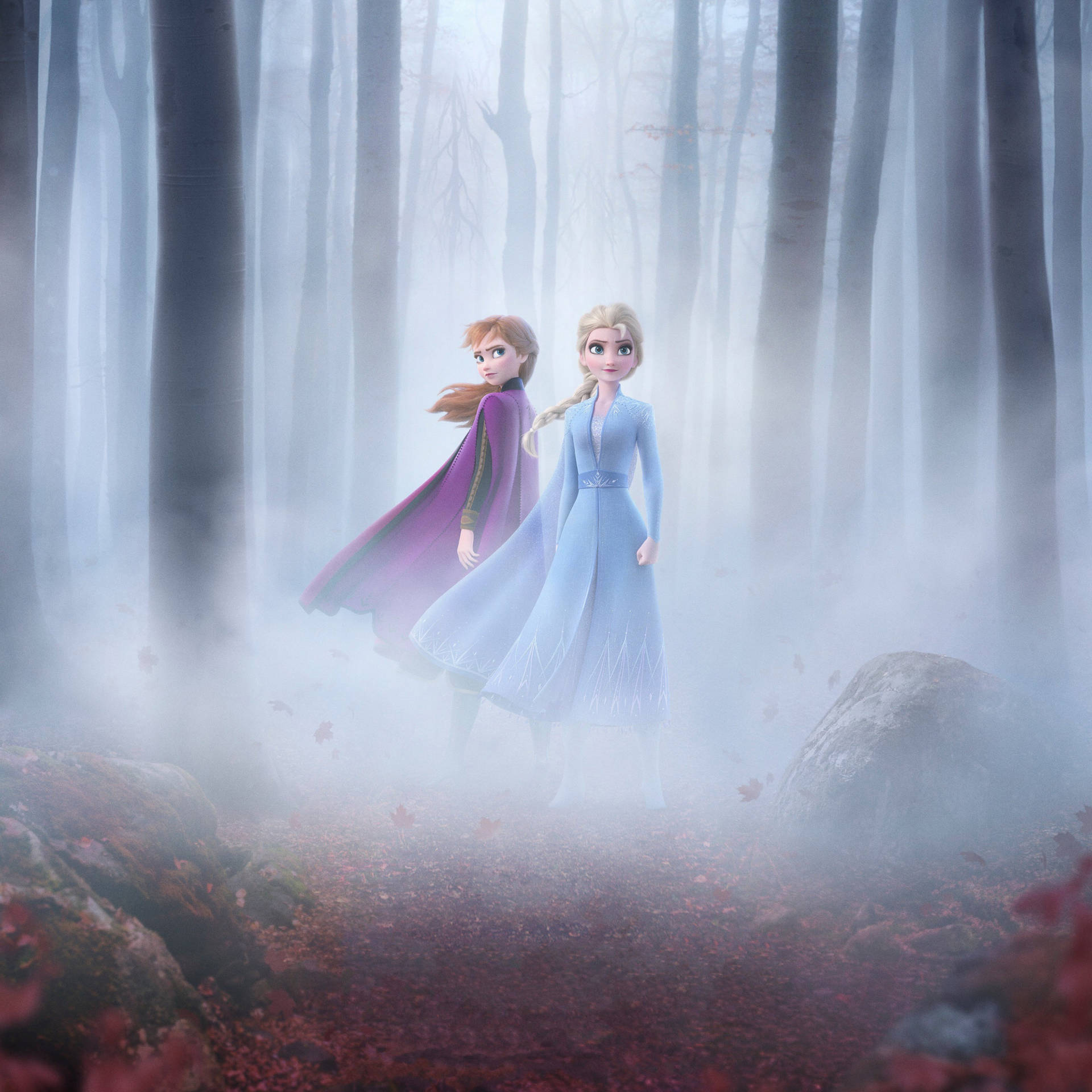 Elsa and Anna in a forest in Frozen 2 - Elsa