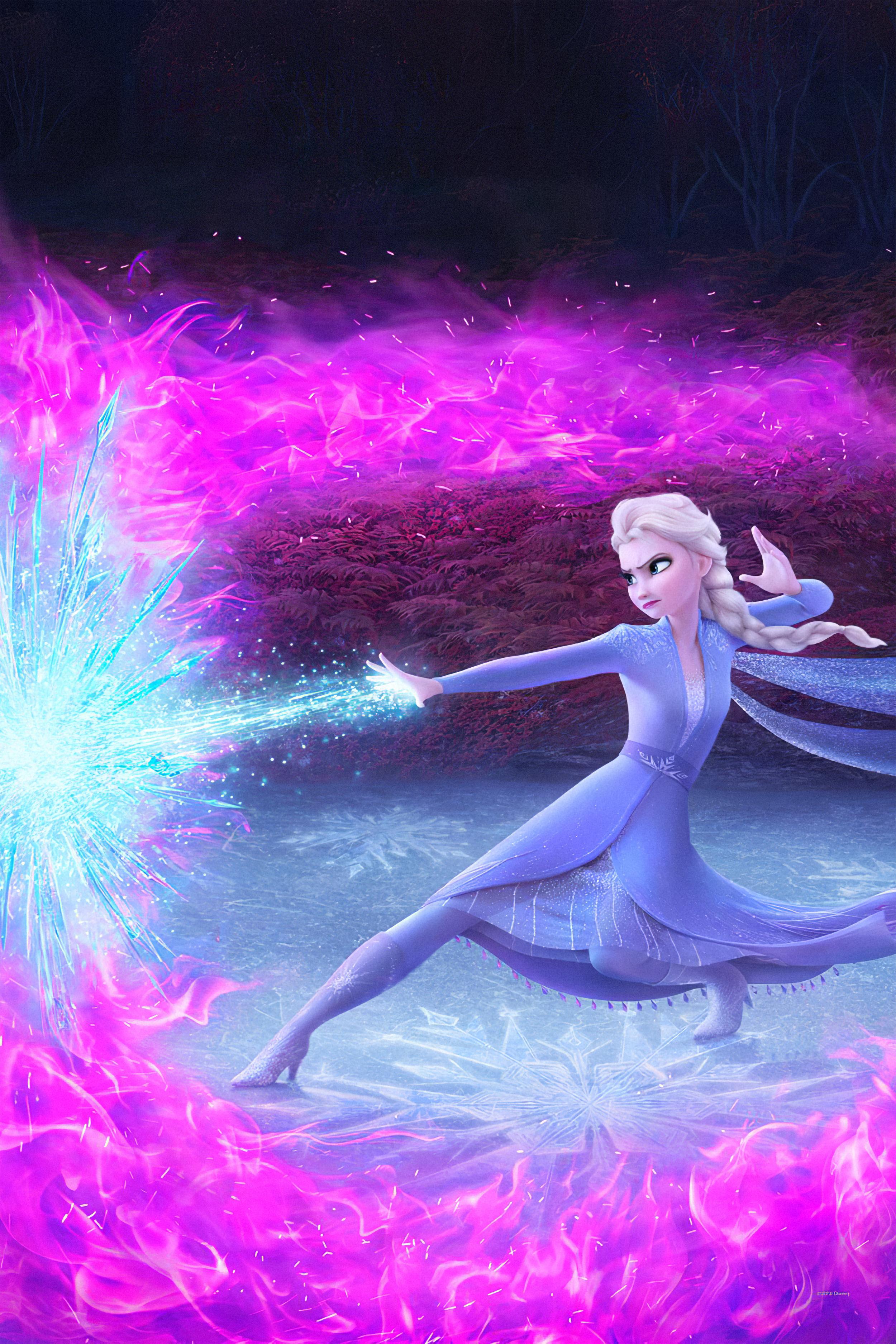 Elsa from Frozen 2, in a purple dress, with purple and pink flames around her - Elsa