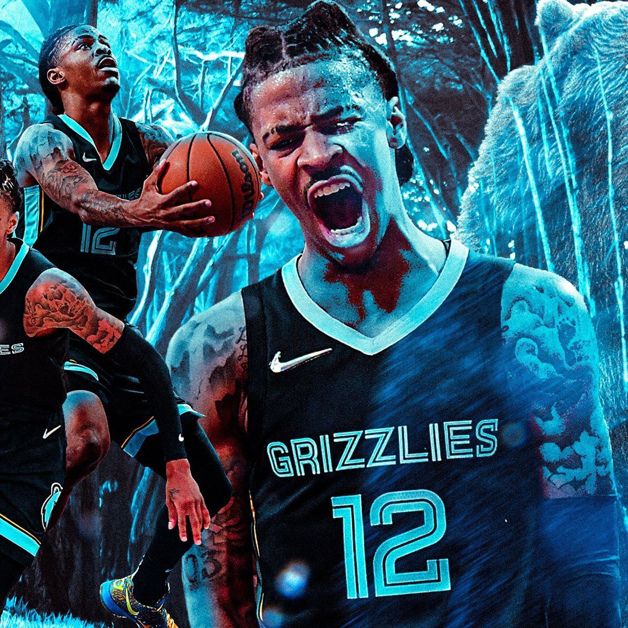 A graphic of the Grizzlies basketball team with a blue and black color scheme. - Ja Morant