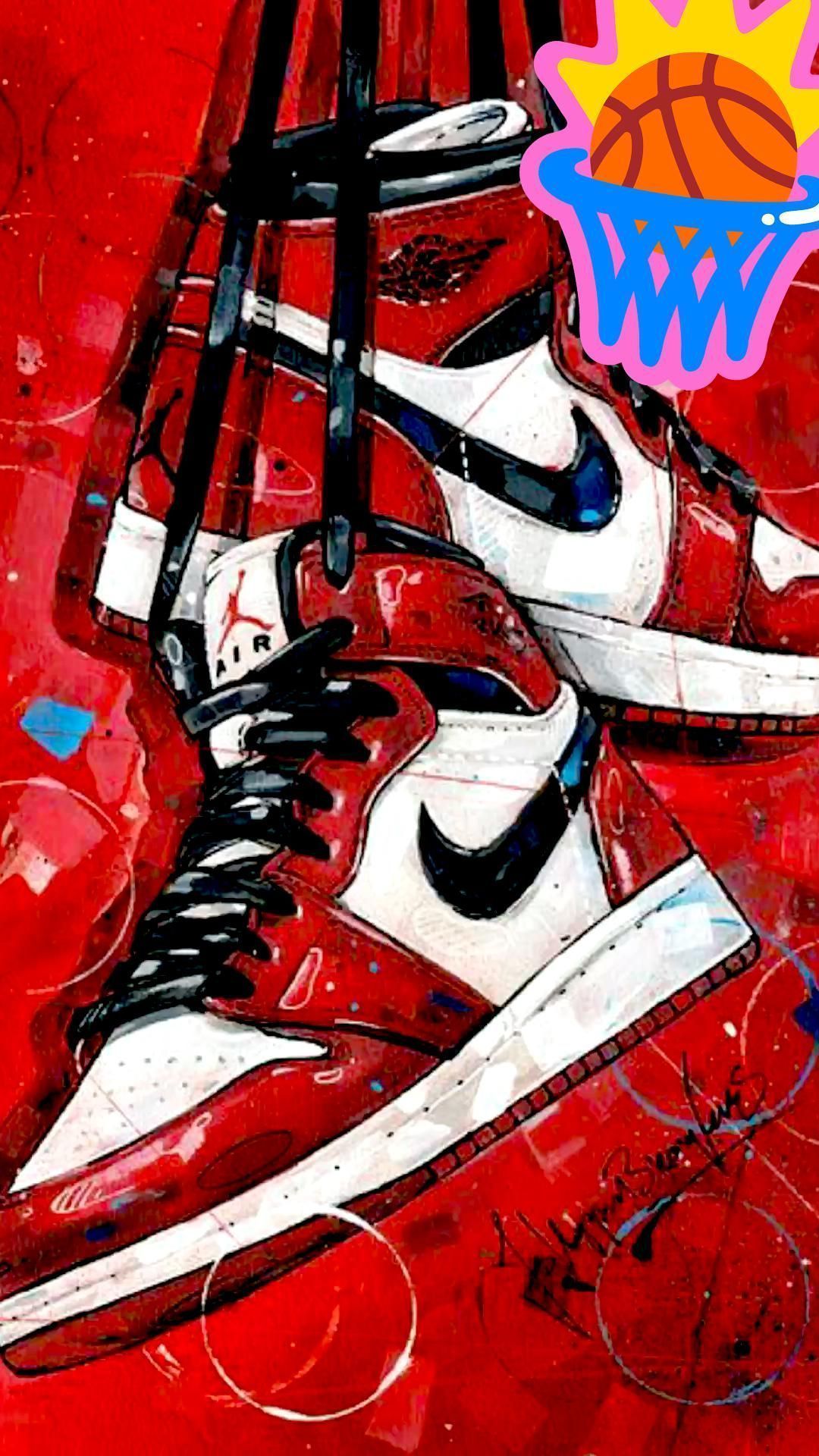 A painting of red and white sneakers with basketball - Air Jordan 1