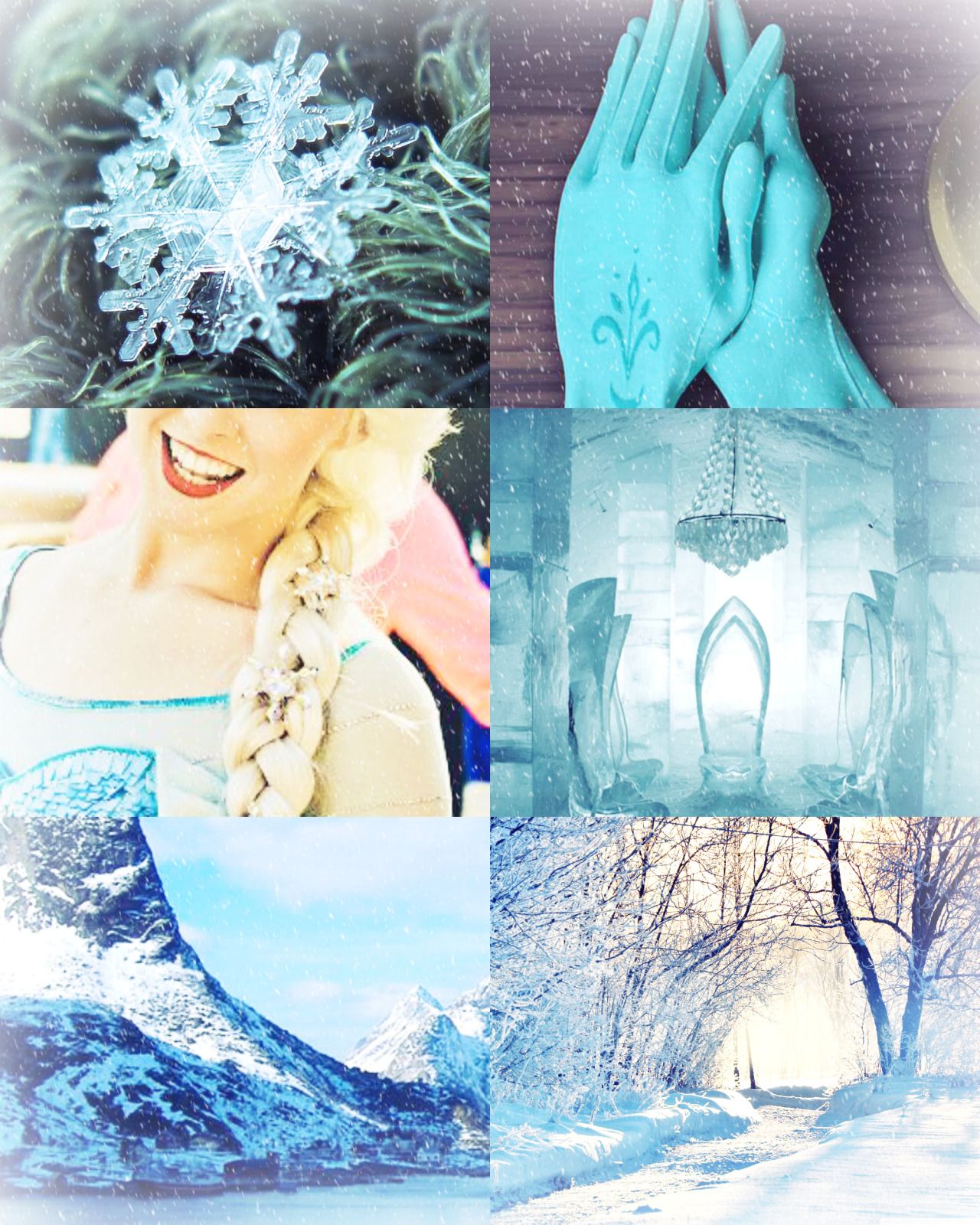 A collage of pictures featuring frozen snowflakes - Elsa