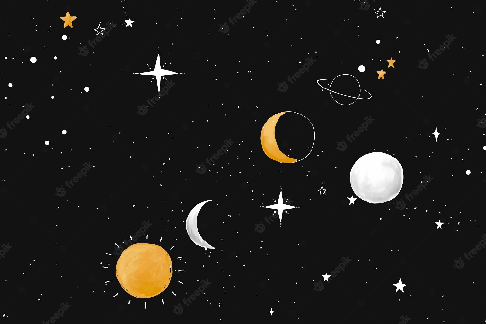 The sun, moon, and stars are all on the black background. - Space