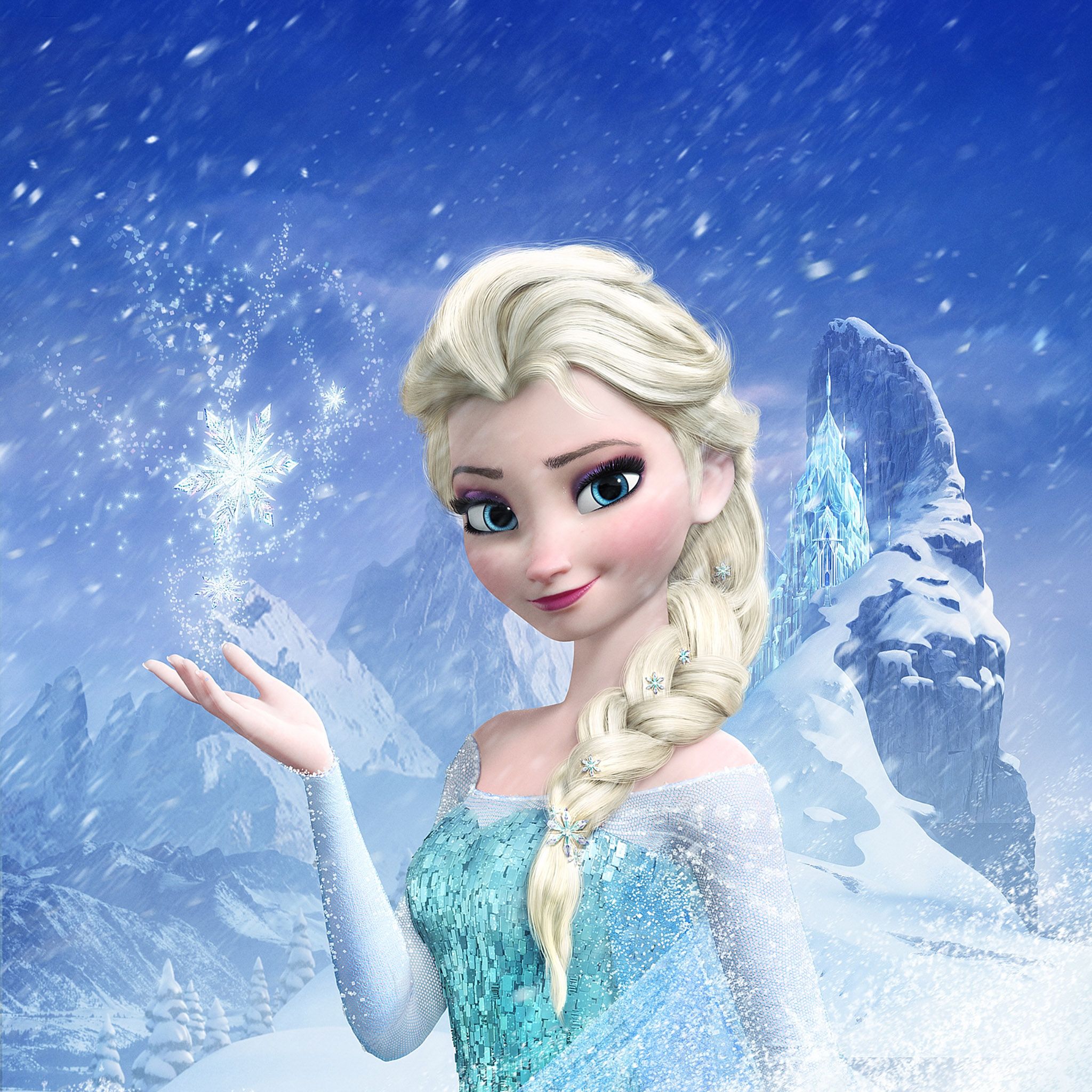 Elsa from Frozen with her hair in braids and wearing a blue dress. - Elsa