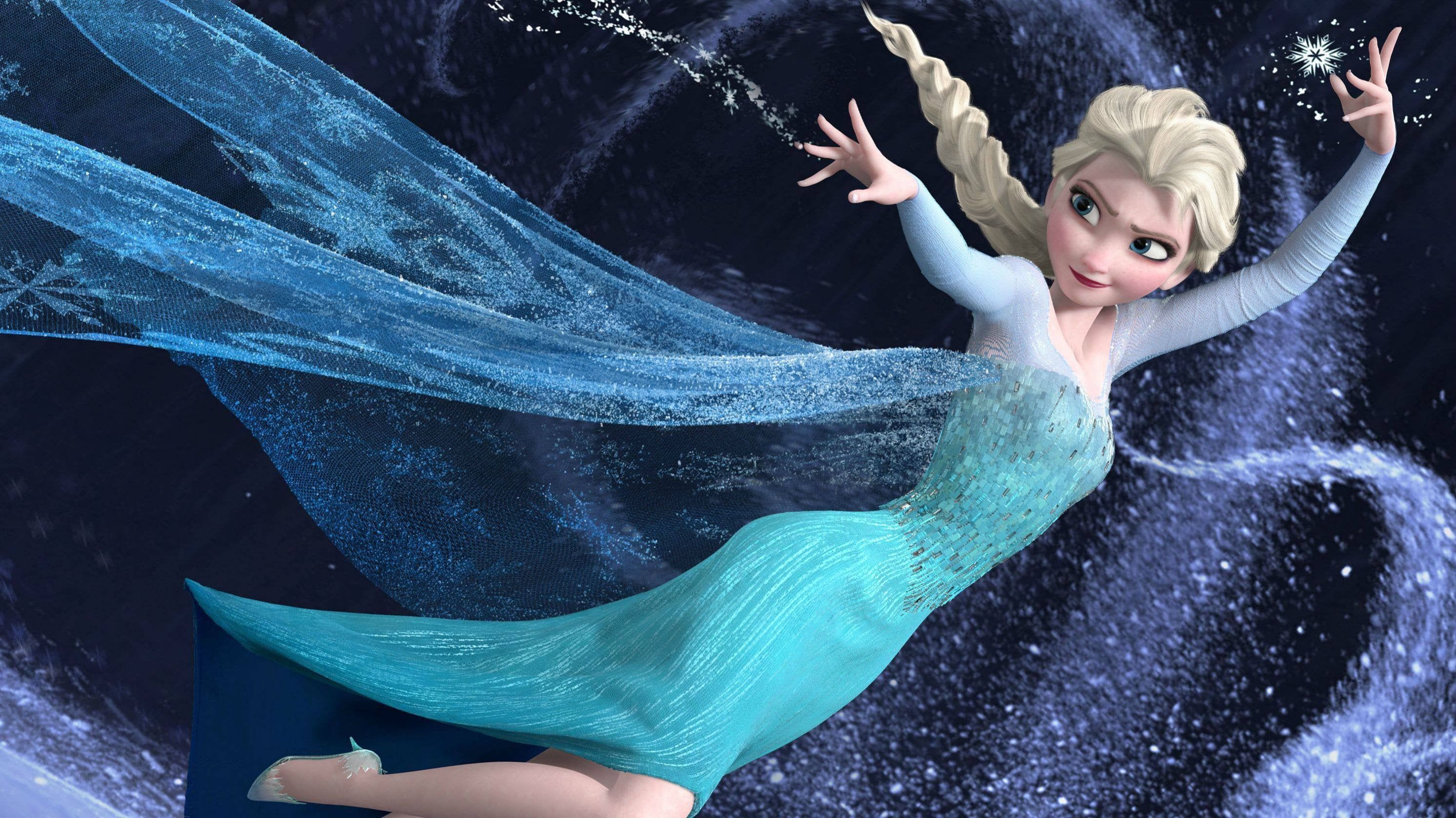 Elsa the Snow Queen from Frozen. She is wearing a blue dress and has long blonde hair. She is holding a snowflake in her left hand and has her right hand out. She is flying through the air with a dark blue background. - Elsa