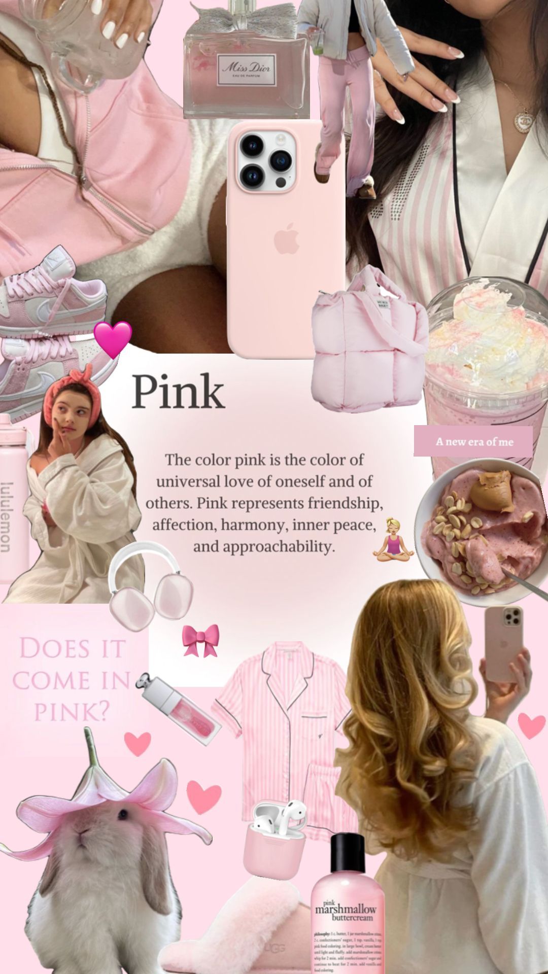 A collage of pink items including a phone case, a dog, and a cup. - Soft pink