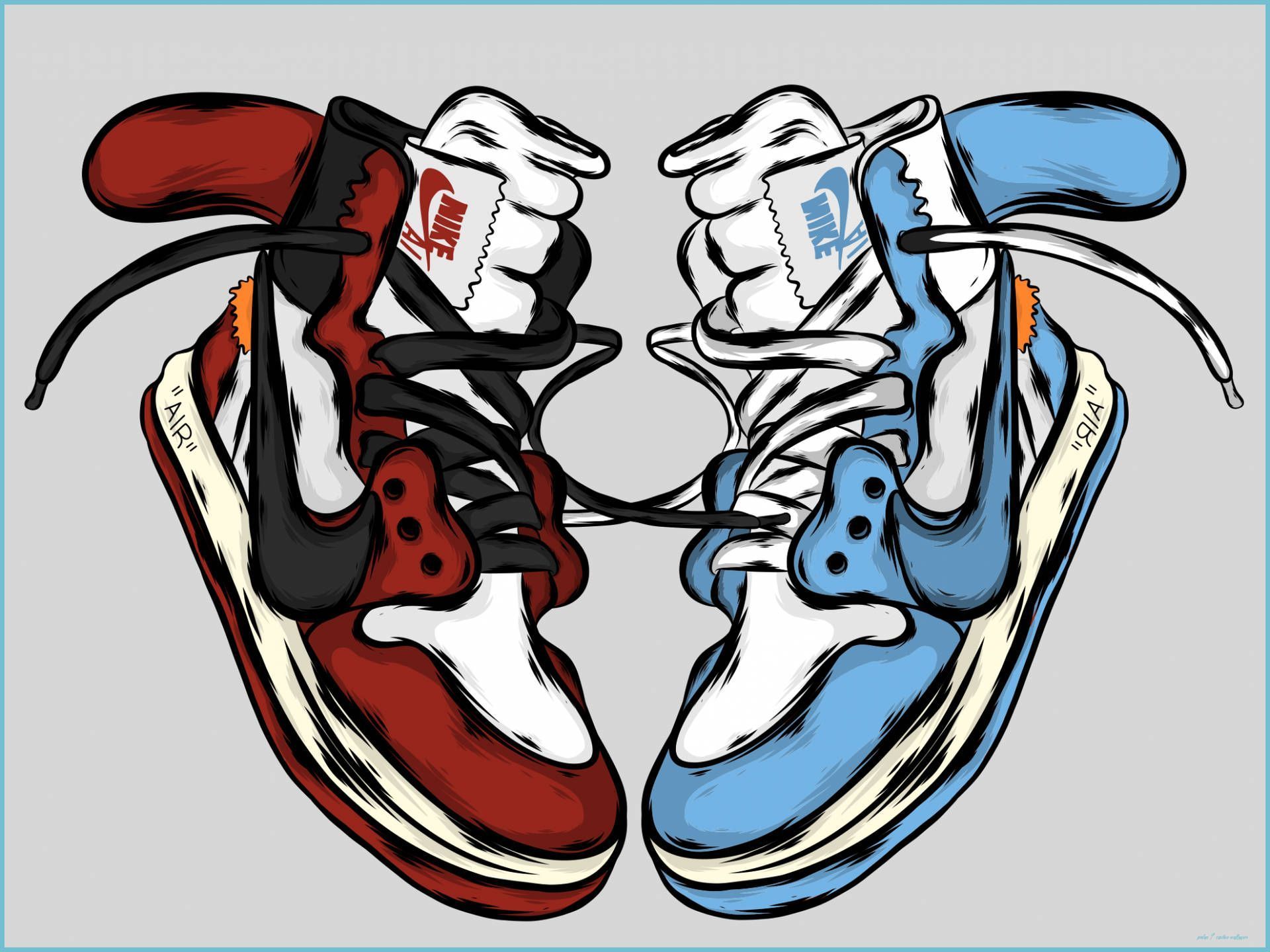 A pair of sneakers, one red and white and one blue and white, are shown in a cartoon style. - Air Jordan 1
